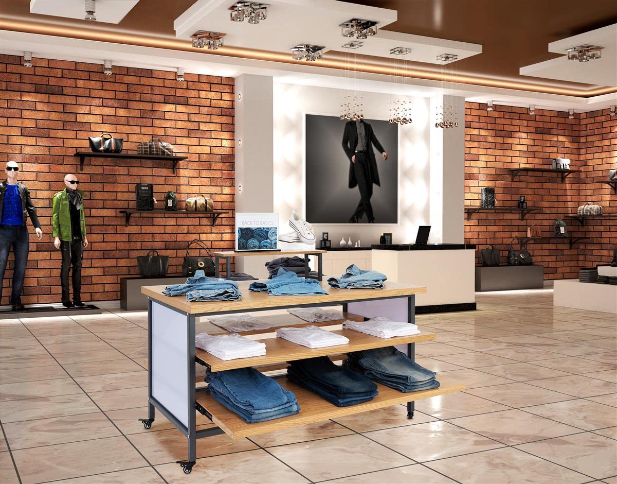 Displays2go Tiered Retail Display Table w/Wheels and Removable Top Riser - Natural Wood (SM3TWDR)