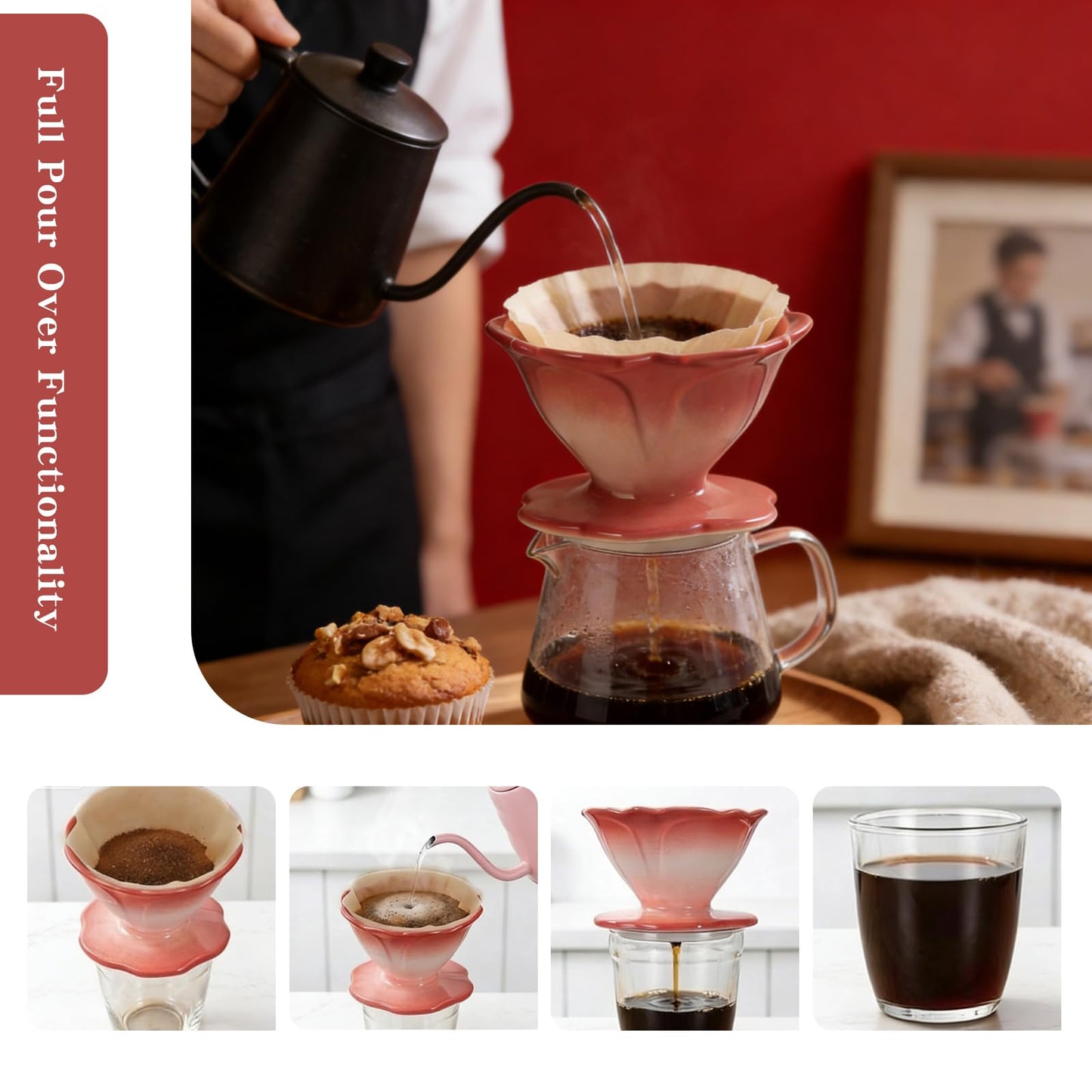 DHSUN Premium Ceramic Pour Over Coffee Dripper,Includes 40pcs Coffee Filter Papers, suitable for home and travel, Flower Petal Dripper(Gradient Red)