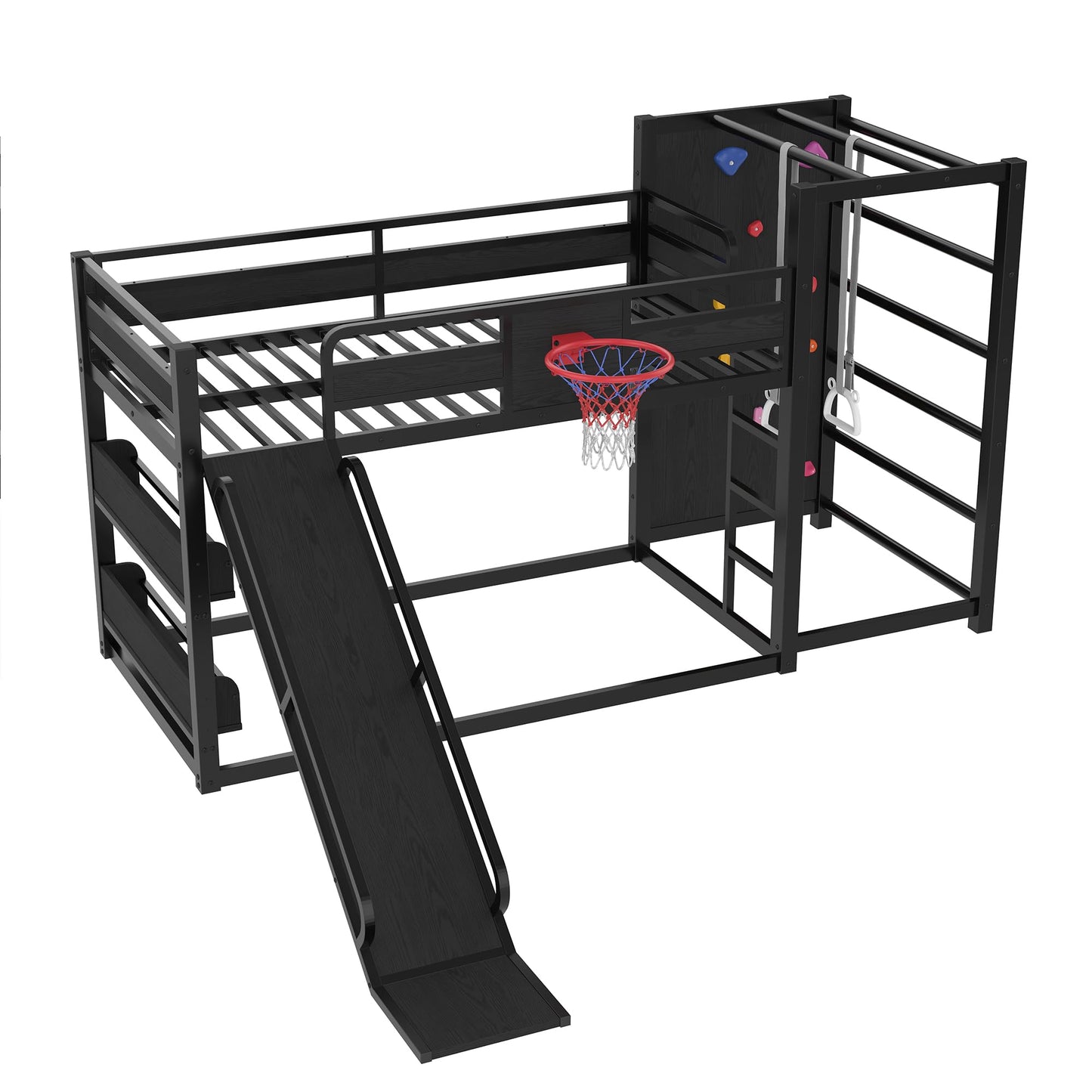 Bellemave Twin Size Bunk Bed with Basketball Hoop, Pull-up Rings and Climbing Wall, Twin Bunk Bed with Slide and Bookcase, Heavy Duty Bunk Beds with Guardrail, Black