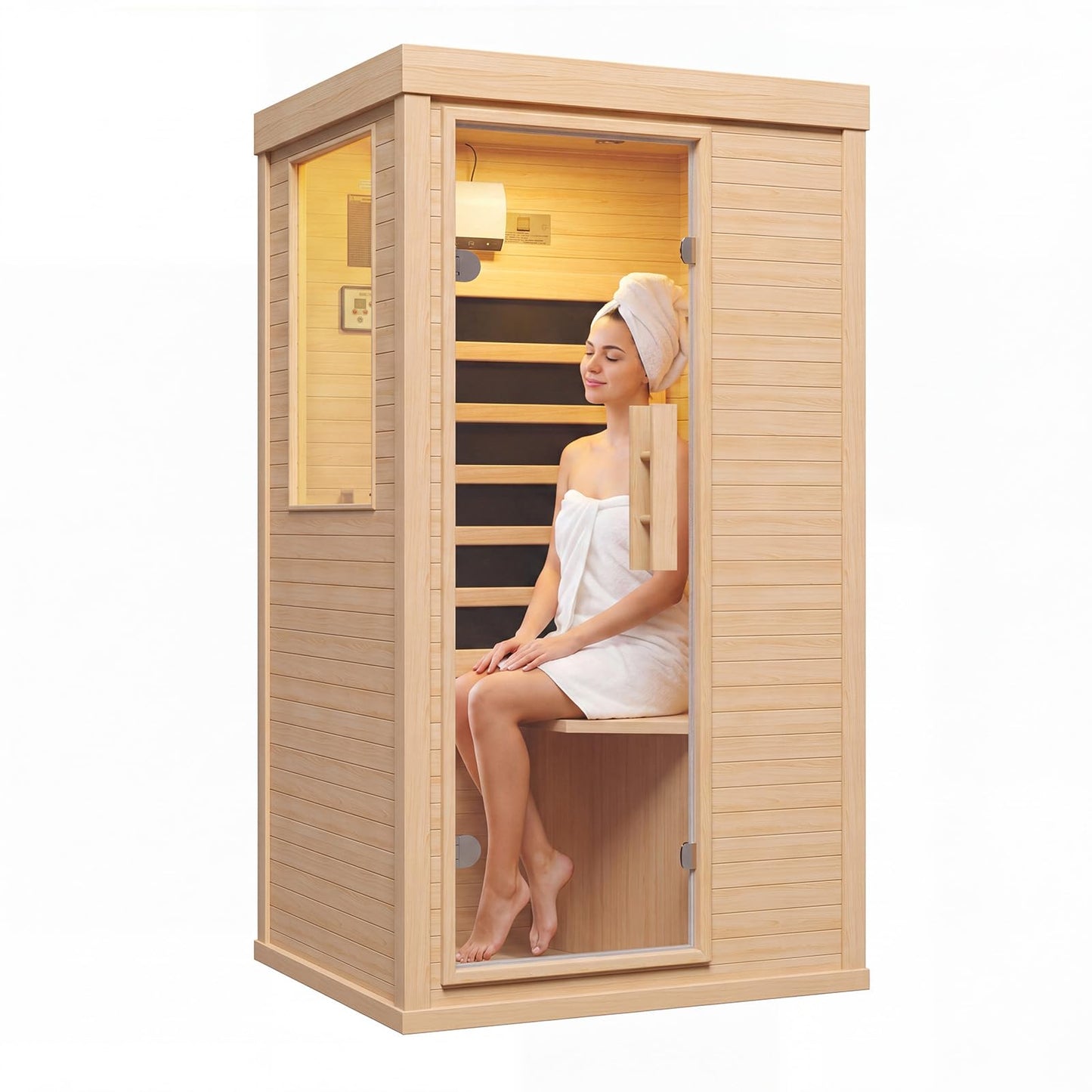 Wood Infrared Home Sauna Room, 1 Person Traditional Indoor Saunas, Canadian Hemlock Dry Sauna Spa for Low EMF with Tempered Glass Door, Bluetooth Speakers and Control Panel, 32.6 x 27.5 x 59.5 Inch