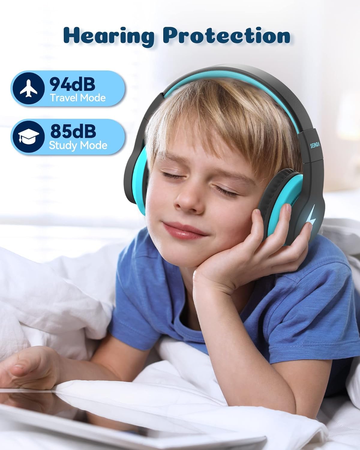seenda Kids Bluetooth Headphones Boys, JCH-01 Kids Wireless Headphones for School, 85/94dB Volume Limited, 45H Playtime, 3 Lighting Modes, Built-in Mic Headset with Aux Cord for iPad/Tablet/Travel