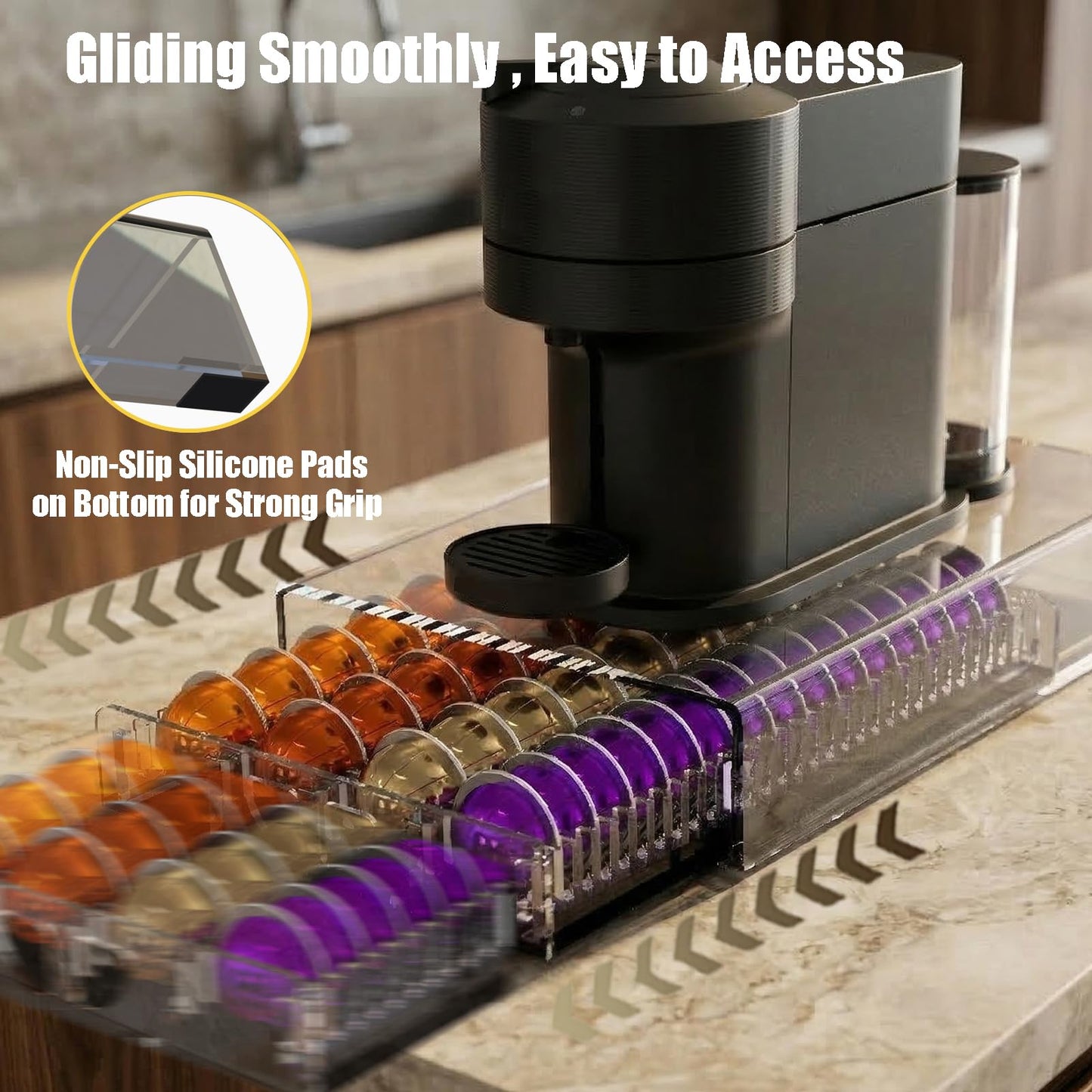 Heavy Duty Crystal Acrylic Coffee Pods Holder Drawer, Compatible for All Nespresso Vertuo Pods, Great Capacity Holds up to 60 Small or 40 Big Vertuoline Pods