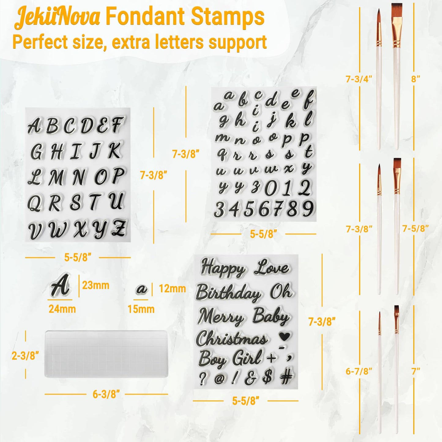 4PCS Alphabet Cake Stamps Tool with Brushes for Fondant Cookie Biscuit, Pretty Handwriting Food Grade Fondant Letter Stamp Uppercase Lowercase Numbers Words Reusable Cookie Stamp for Christmas Party