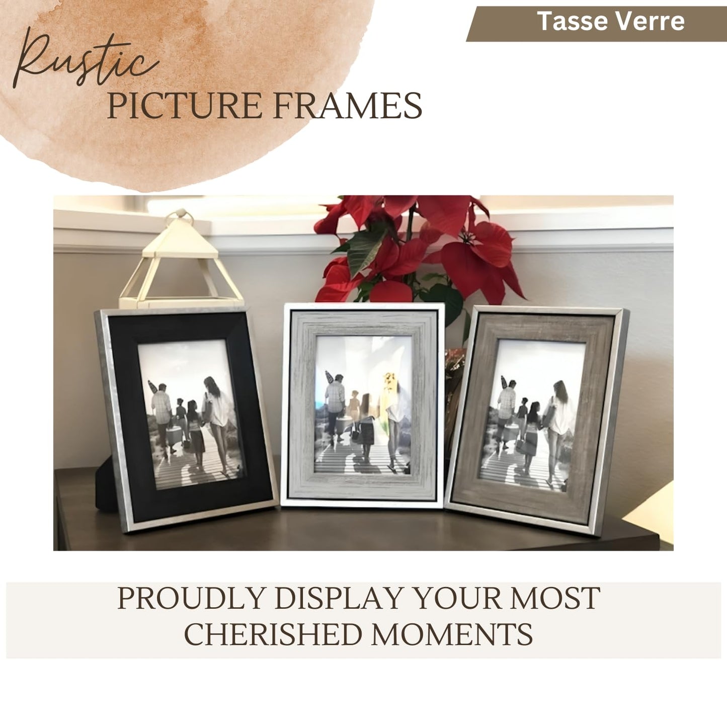 Tasse Verre 5x7 Rustic Picture Frames 3-Pack, Distressed Farmhouse-Style Table Frame, Brushed Industrial Silver Metal Look Frame with Wood Looking Insert, Ready-to-Hang Hooks.