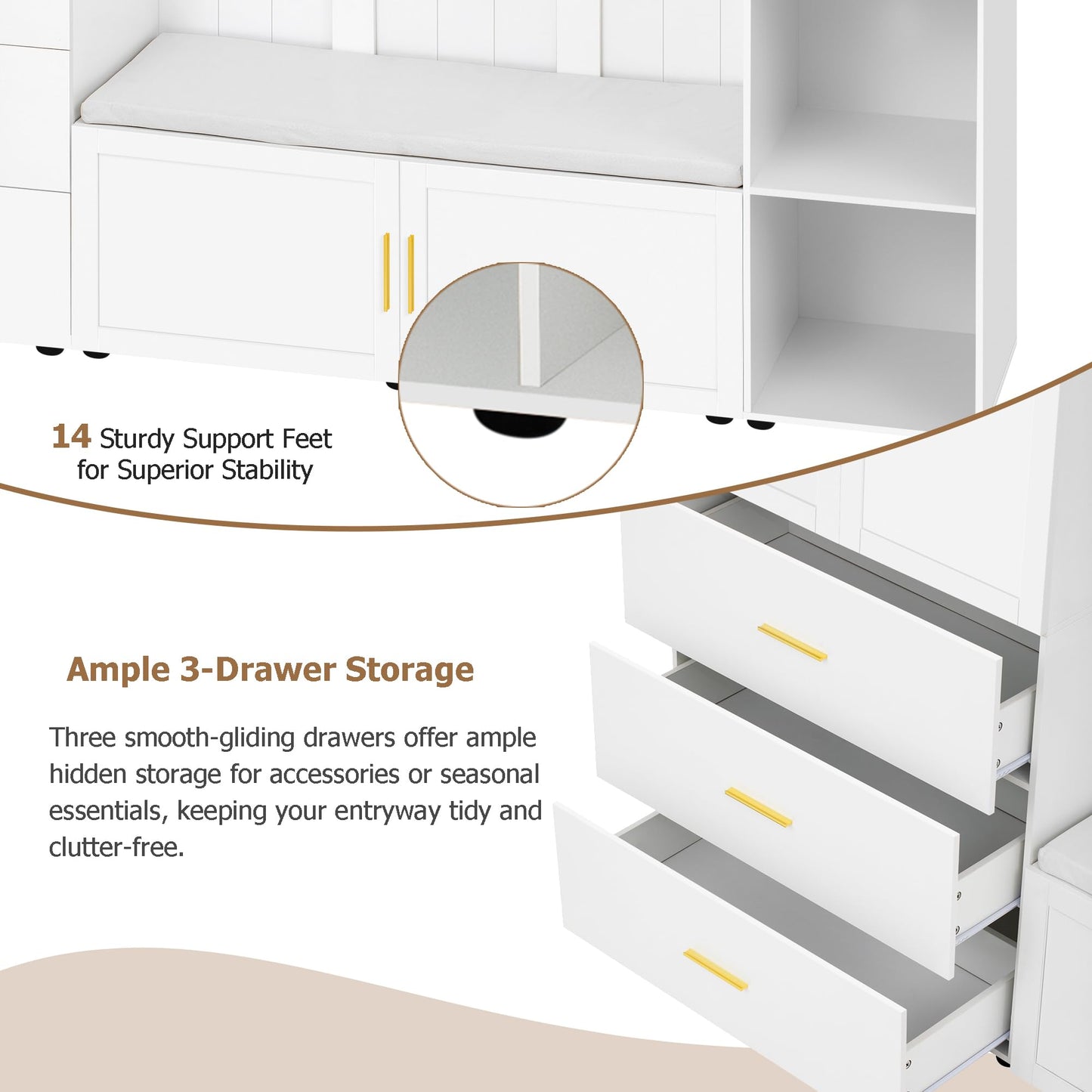 Amposei 94.49’’W Extra Large Hall Tree Cabinet with 6 Doors & 3 Drawers, Tall Entryway Organizer Shoe Storage Bench with 4 Coat Hooks & 6 Open Cubbies for Hallway Mudroom Living Room, White