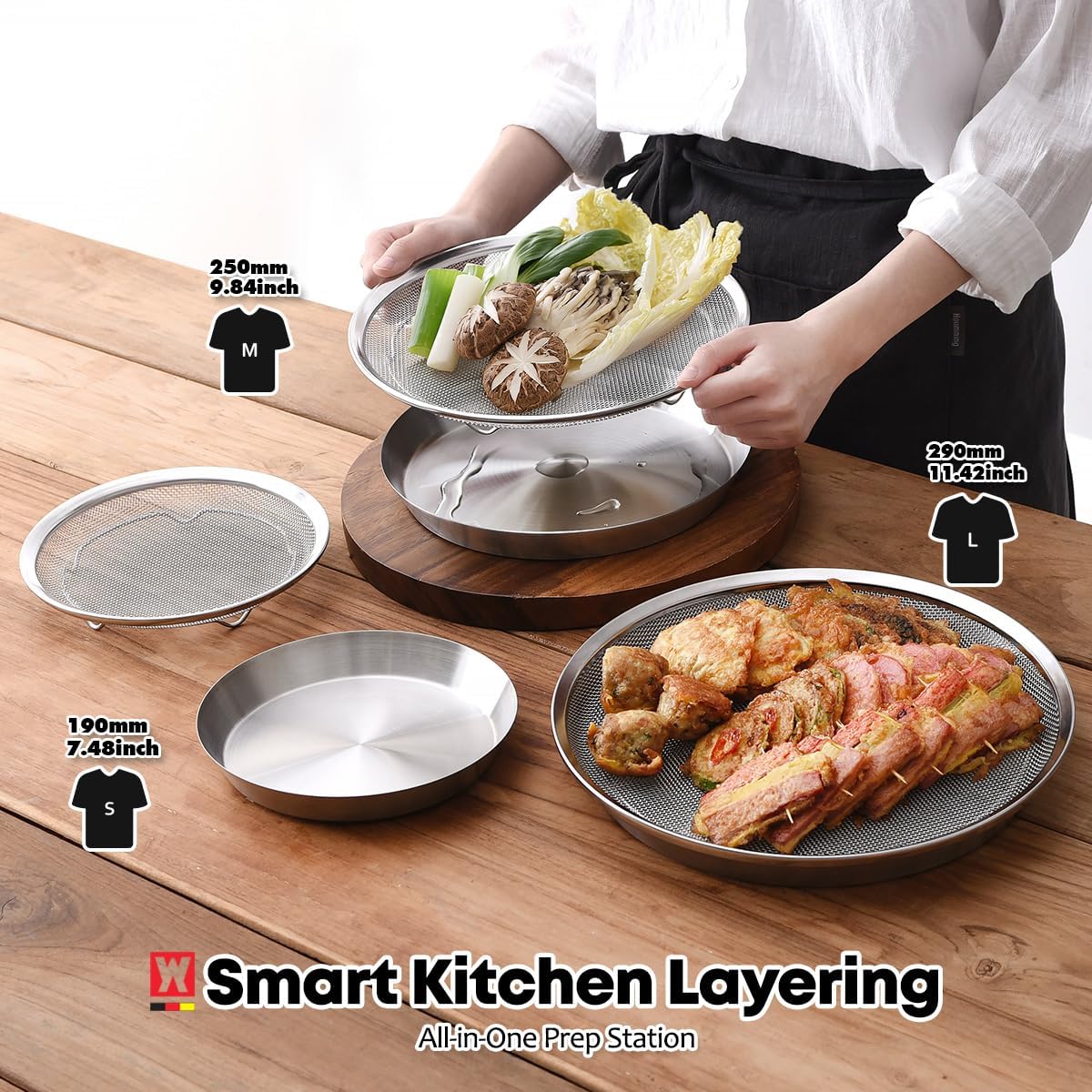 WAGENSTEIGER Stainless Steel Mesh Tray Set with Drip Pan, Air Fryer Basket and Tray, Kitchen Colander, Vegetable and Fruit Strainer, Food Filter, BBQ Prep Tool, Fruit Serving Dishes (9.84 inch)