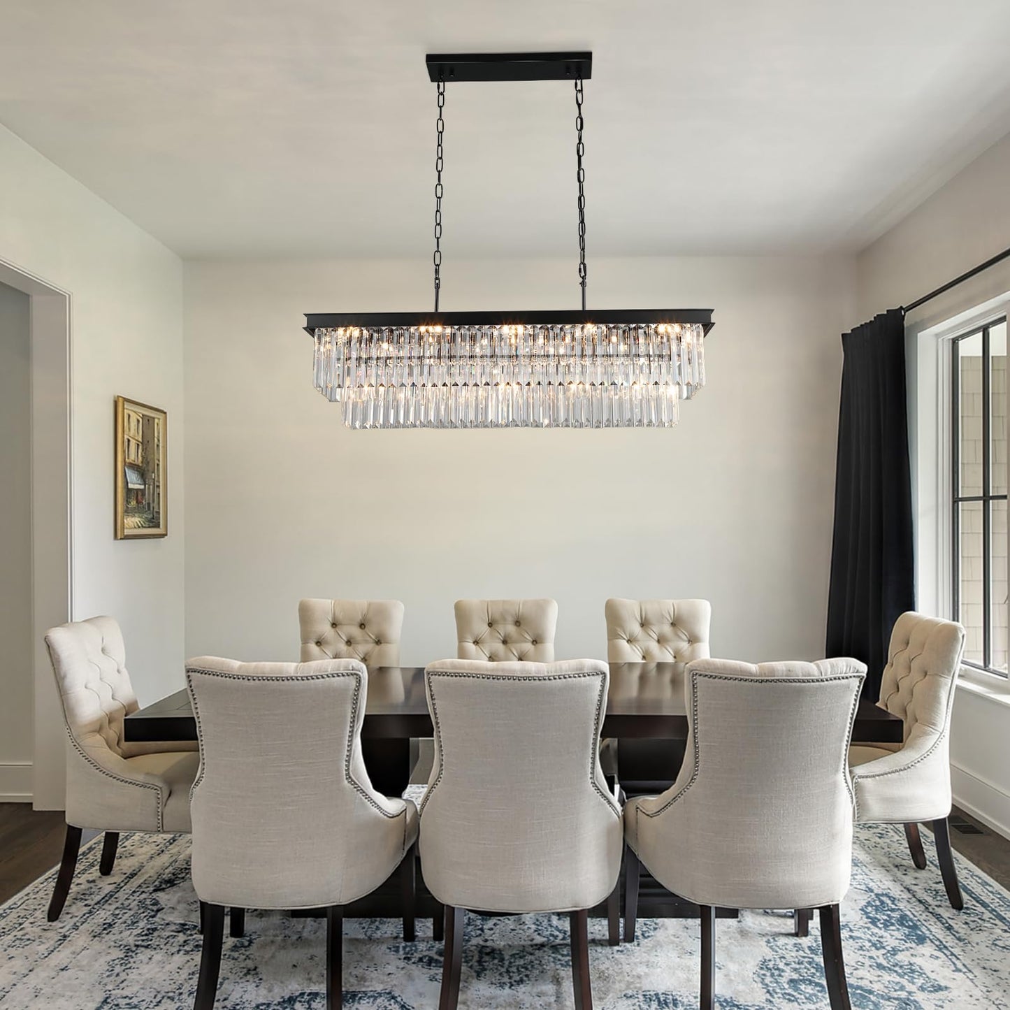 Weesalife Crystal Chandeliers for Dining Room Light Fixtures Over Table,15-Lights Black Modern Rectangle Chandeliers for Kitchen Island Bar L40 Inch