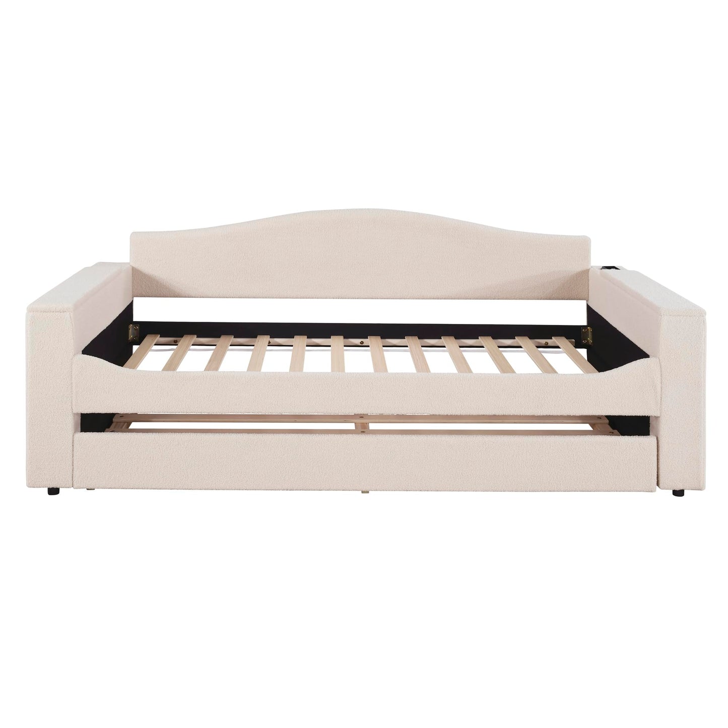 Twin Upholstered Daybed with Storage Armrests, Trundle and Latest Integrated Bluetooth Audio System