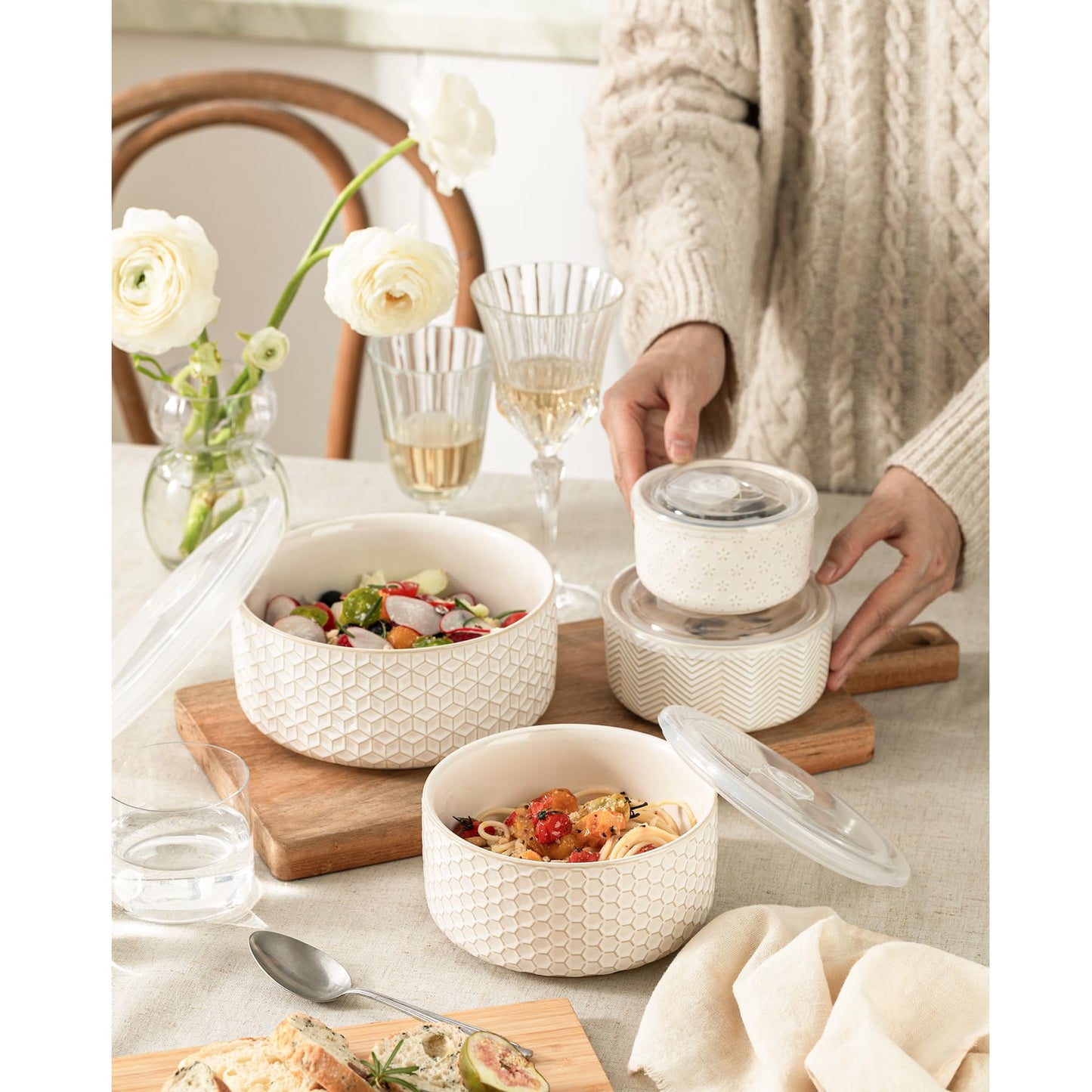MIKIGEY Serving Bowls with Lids, Ceramic Embossed Nesting Mixing Bowls, Set of 4, Serving Bowls Set for Food Storage, Popcorn, Salad etc, Microwave & Dishwasher Safe, 10/18/33/50 OZ, Off-White