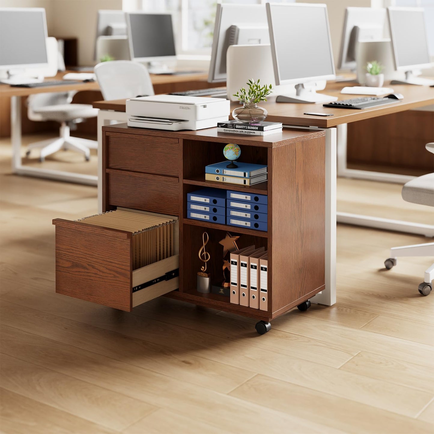 Solid Wood Lateral Filing Cabinet, 3 Drawer Mobile File Cabinet,Stand with Open Shelves,Storage Drawer Cabinet,The cabinet features adjustable steel rods,suitable for home offices,and bedrooms.