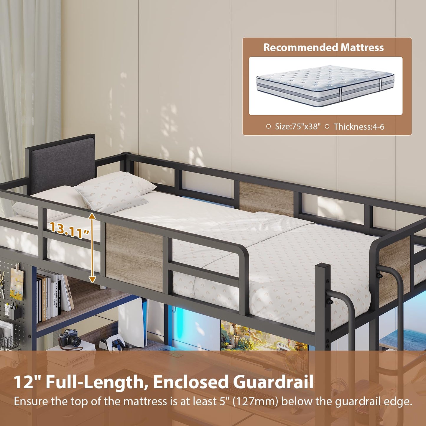 Dnxao Twin Loft Bed with Desk and 5 Storage Drawers,Loft Bed Twin Size with LED Lights and Charging Station, Metal Bunk Bed Frame with Ladder, Clothes Rail,Noise Free,Oak Gray