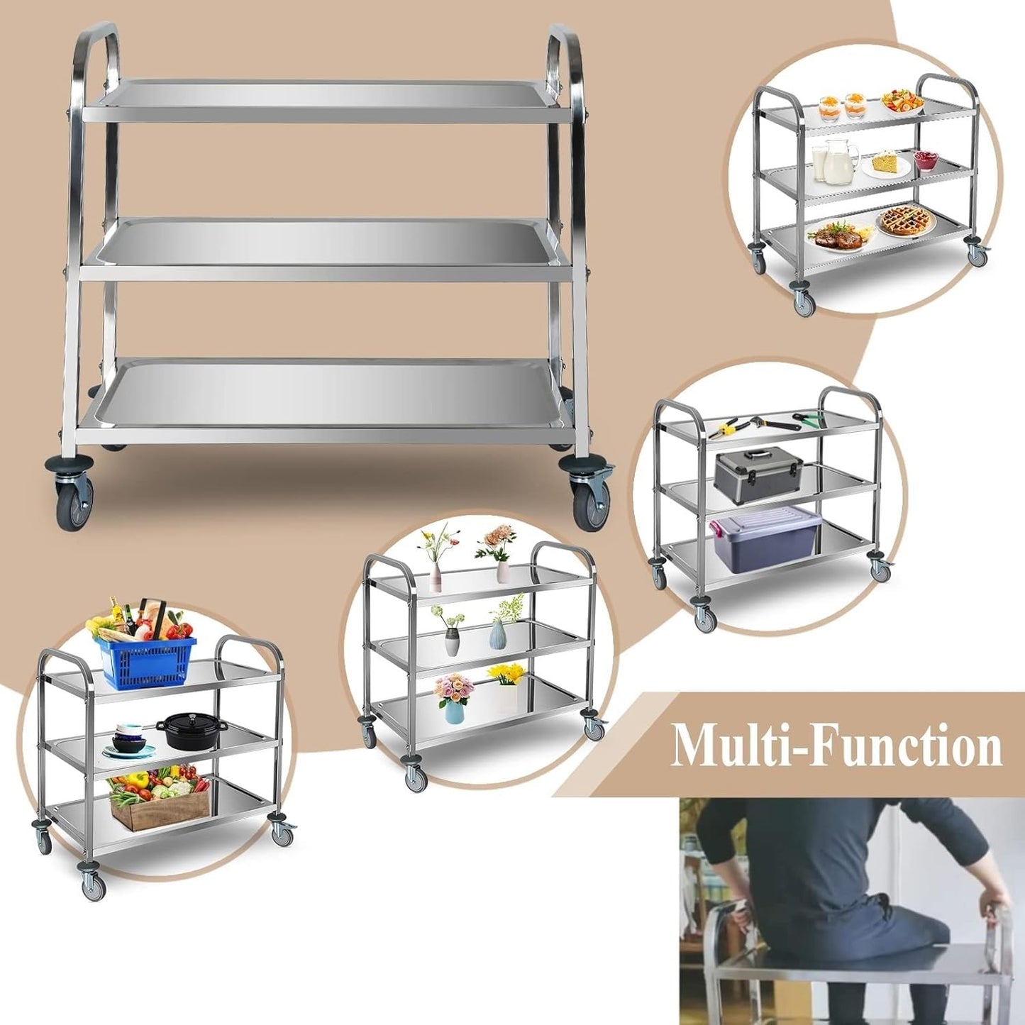 Shelf 3 Tier Stainless Steel Utility Cart, Kitchen Cart, Rolling Service Cart with Island, Storage Shelf for Catering with Locking Wheels Organizer Rack
