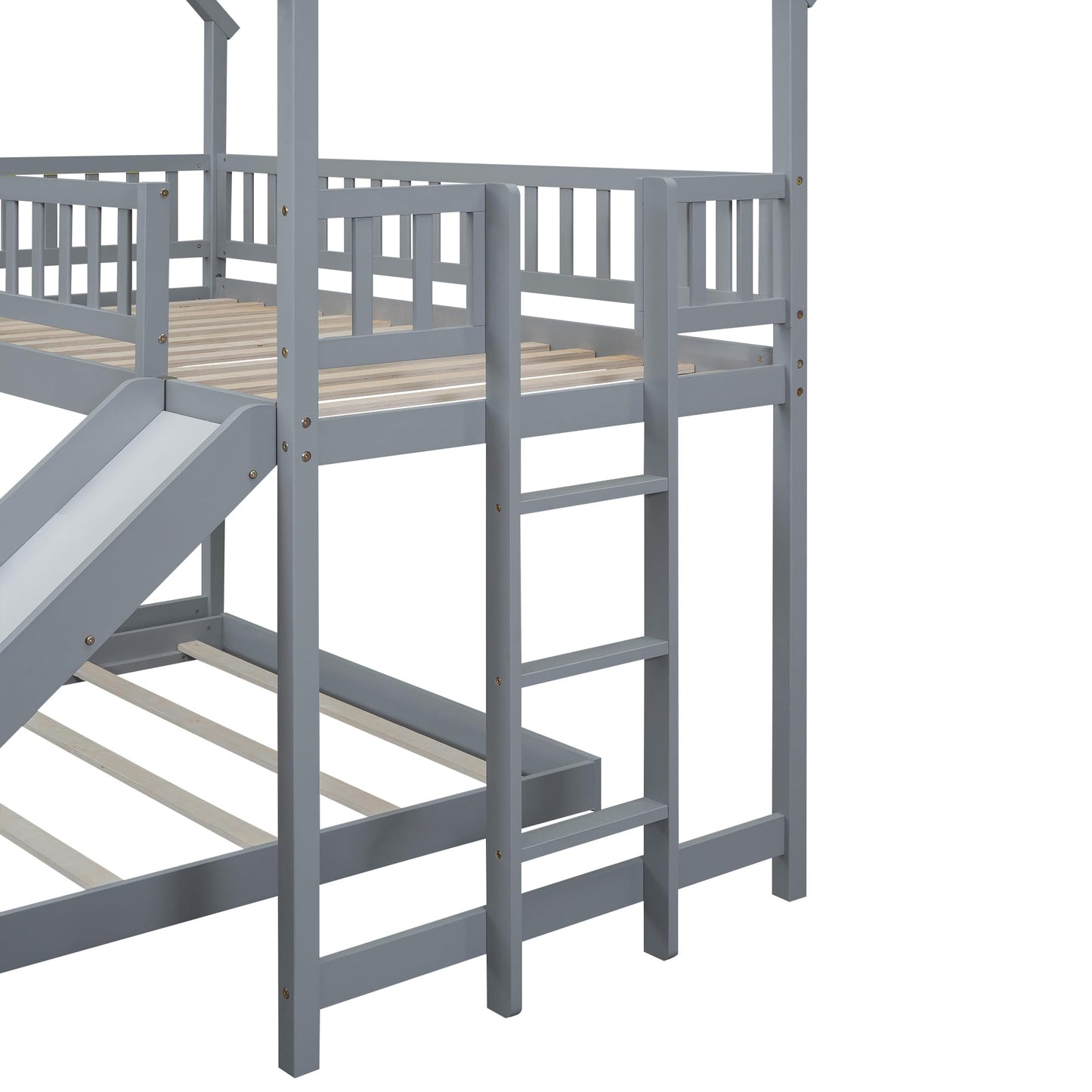 Bellemave Twin Over Full Bunk Bed with Slide and Built-in Ladder, House Shaped Solid Wood Bunk Beds with Full-Length Guardrail for Kids,Teens, Adults, No Box Spring Required, Gray