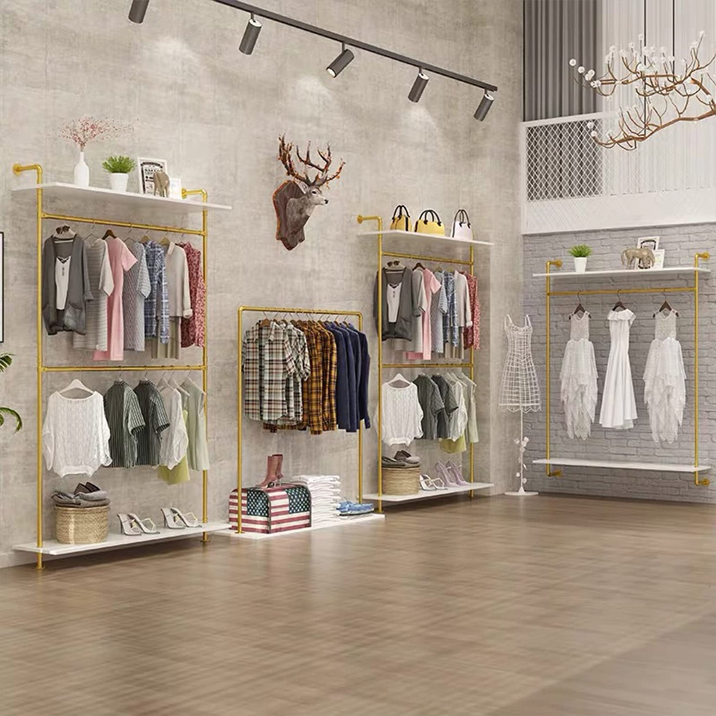 FURVOKIA Modern Simple 2 Tier Industrial Pipe and Wood Garment Rack,Wall Mounted Double Hanging Rods Clothing Rack,Retail Display Storage Clothes Hanging Shelves (One Shelves,Gold, 47.2"L)