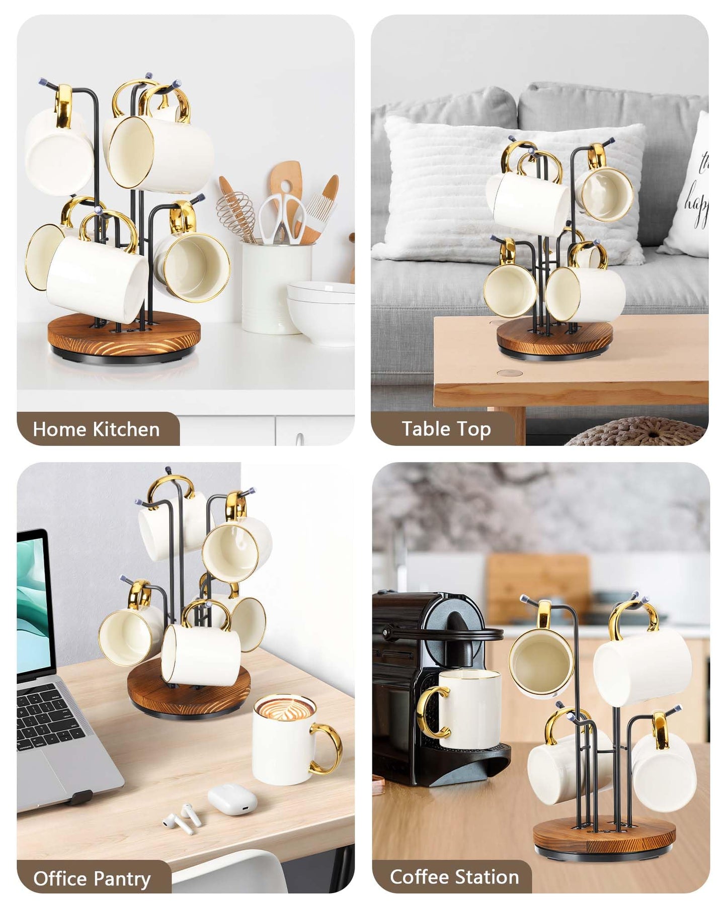 HULISEN 360° Rotating Mug Tree for Large Cups, Counter Coffee Mug Holder with 6 Hooks, Metal Coffee Cup Rack Stand for Countertop with Stable Wooden Base, Kitchen Counter Decor