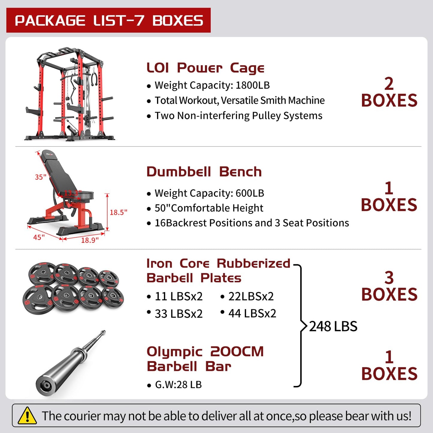 Power Rack Power Cage Multi-Function Squat Rack with Cable Crossover System Selectable More Training Attachment Power Rack for Garage & Home Gym (Red, C Set L01+Weight Bench+(Pole+Cast Iron) 248LBS)