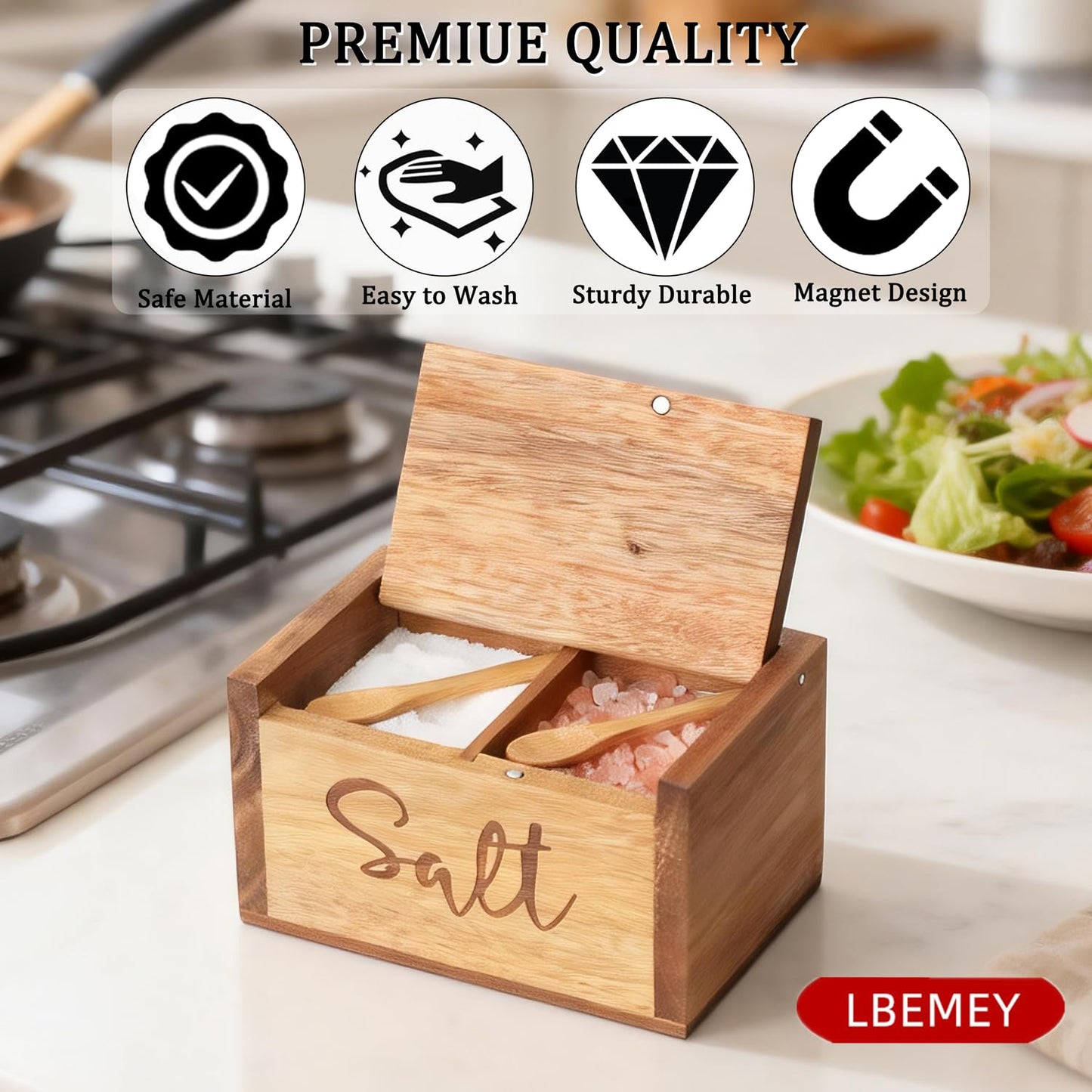 Acacia Wood Spice Box with Lid and Built-in Spoon for Kitchen Countertop, Rectangle Farmhouse Kitchen Decoror for Storing Salt, Peppers, Sugar or Seasonings, Brown (Brown (Labeled - “Salt”))