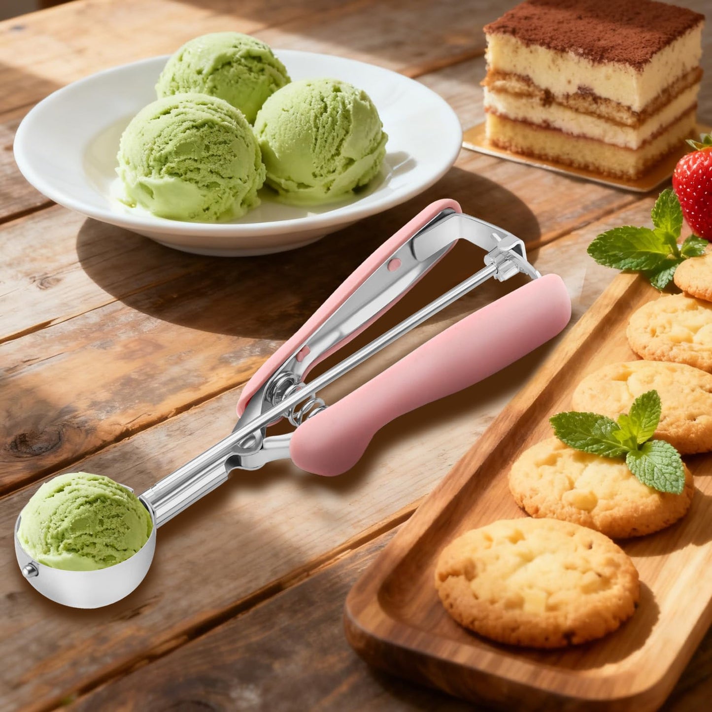 Cookie Scoops for Baking Set of 2, 18/8 Stainless Steel Ice Cream Scoop Set with Ergonomic Soft Grip, Spring Trigger Release Cookie Dough Scooper for Cupcakes, Muffins, Meatballs - Pink & Mint Green