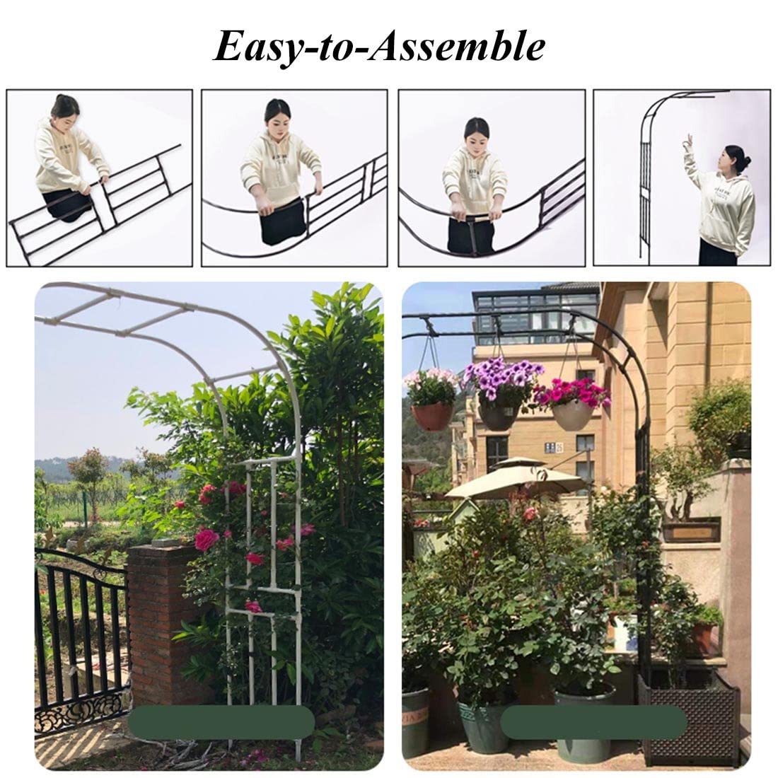 Galvanised Metal Garden Arch Trellis for Climbing Plants Heavy Duty Half Side Rose Wedding Arch Support Weatherproof Archway (Black 220x240cm/7.2x7.9ft)
