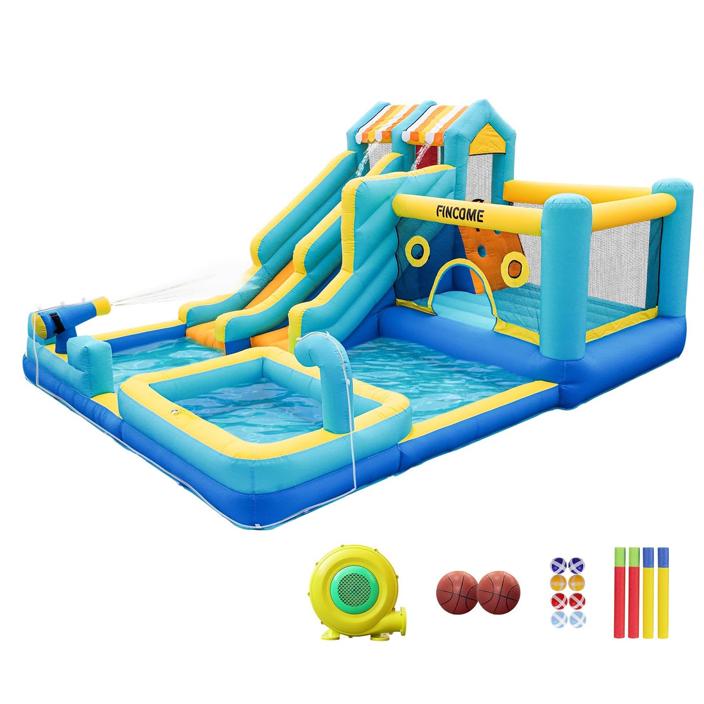 FINCOME Inflatable Bounce House, 10 in 1 Double Water Slide Bounce House with 750W Blower, Climbing Wall, Jumping, Water Gun, Splash Pool, Basketball Hoop for Kids Indoor Outdoor Backyard