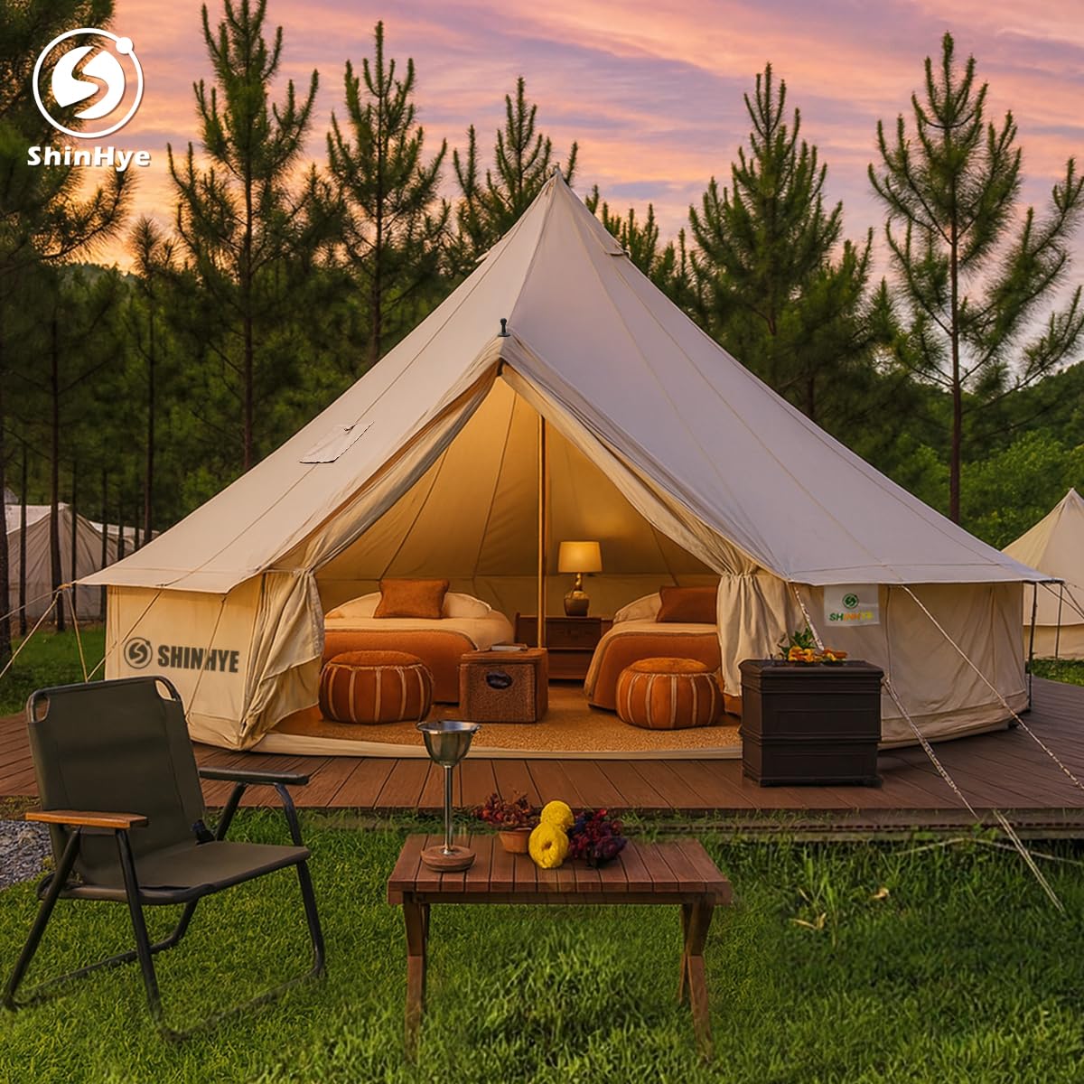 ShinHye Canvas Bell Tent Yurt Tent 4 Seasons for Camping 100% Cotton Glamping Tents with Stove Jack, Family Camping Outdoor Hunting Party (5M- 16.4FT)
