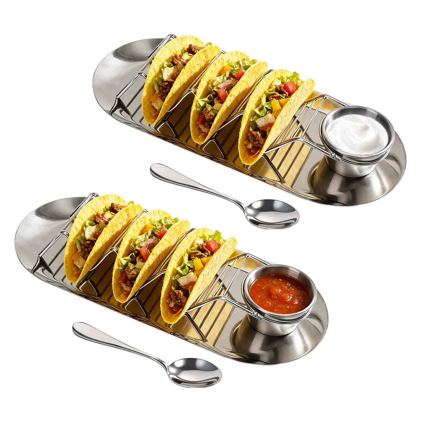 Fernlandia Taco Holders Set of 2 - Stainless Steel Taco Stand Rack with Tray, Sauce Cups & Spoon, for Party, Dishwasher Safety