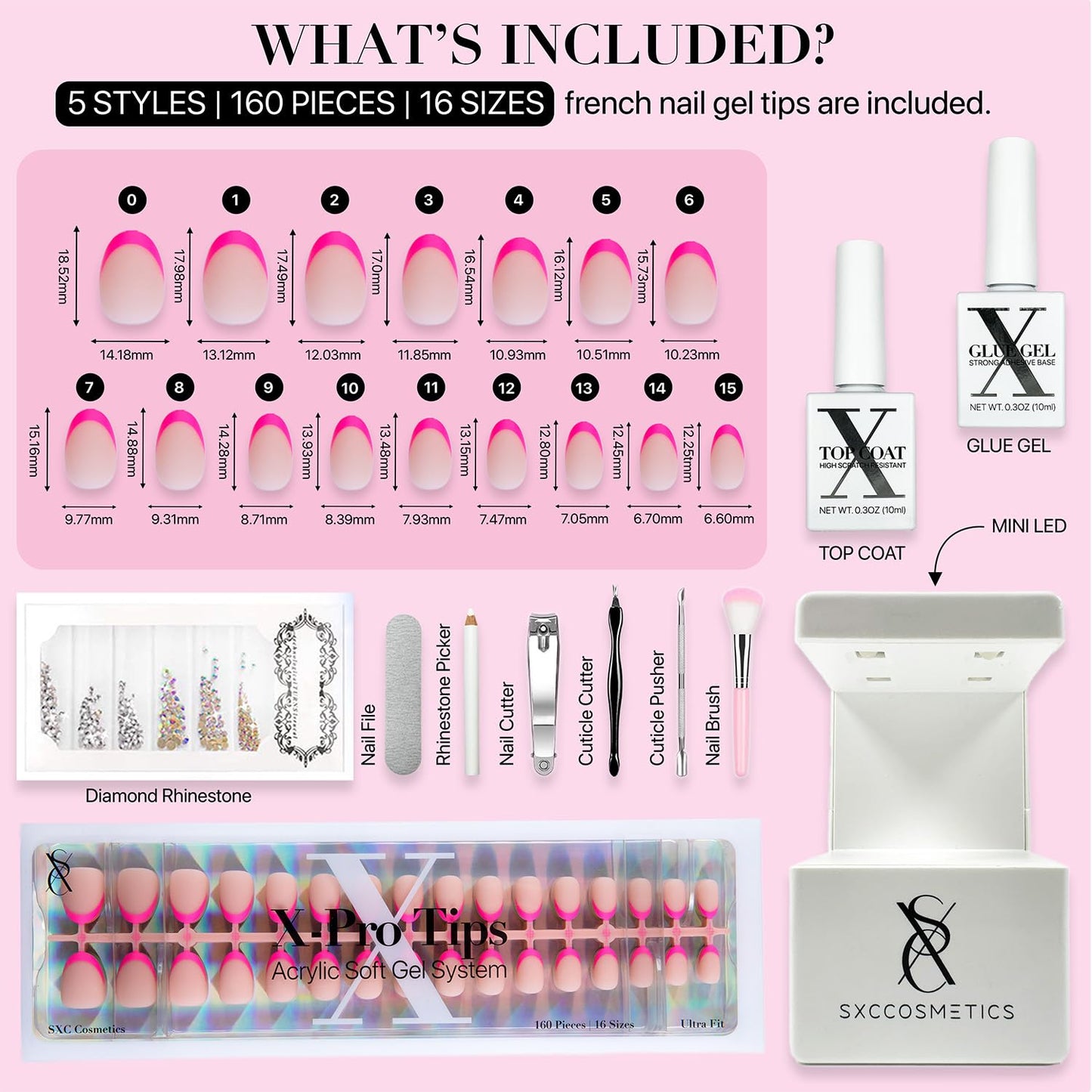 SXC Cosmetics French Tip Press On Nails - Skin Tone Nude and Color Series, Short Coffin X-Pro Tips Starter Kit ST119KIT