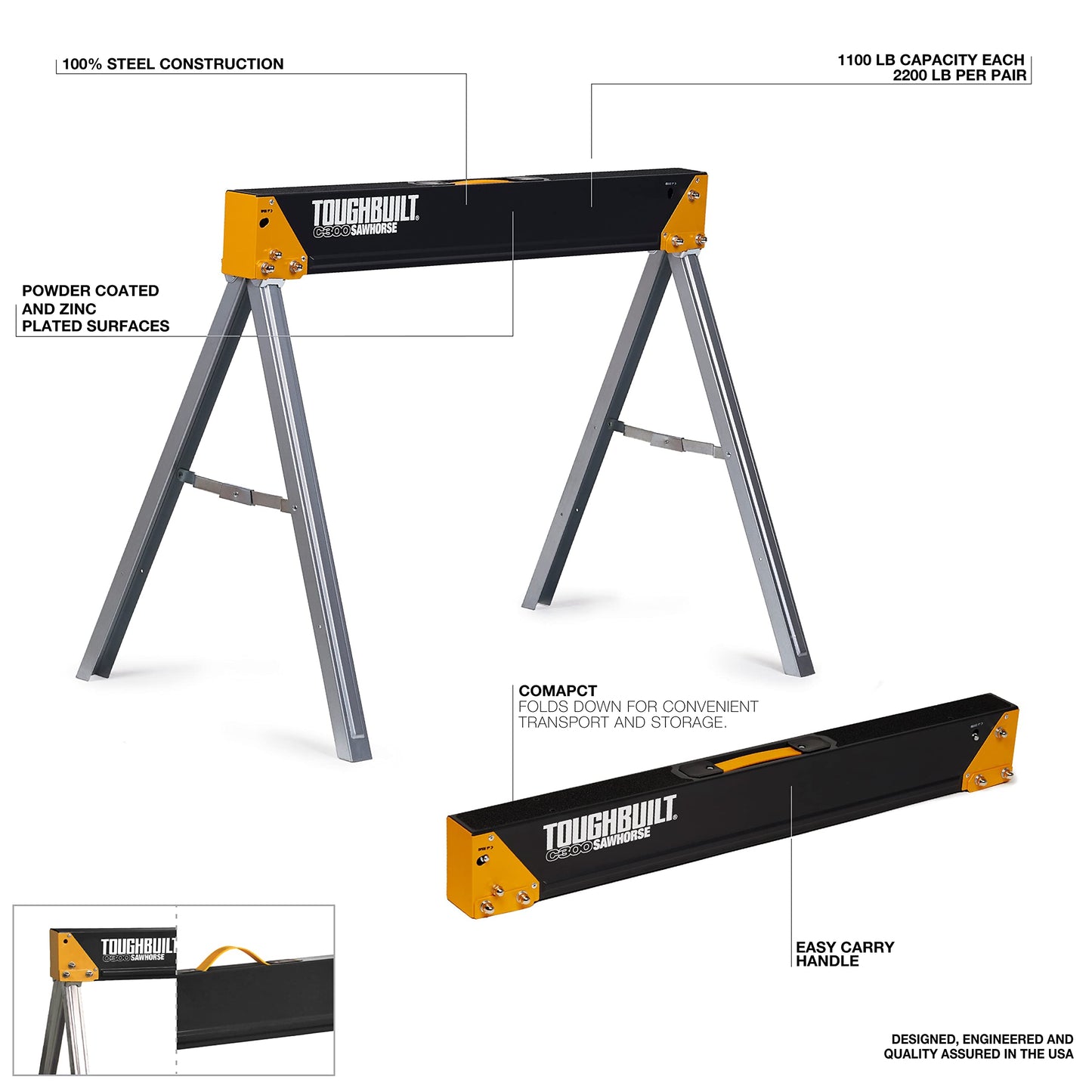 ToughBuilt - Folding Sawhorse/Jobsite Table - Sturdy, Durable, Lightweight, Heavy-Duty, 100% High Grade Steel, 1100lb Capacity, Easy Carry Handle - (TB-C300) - 1 Pack