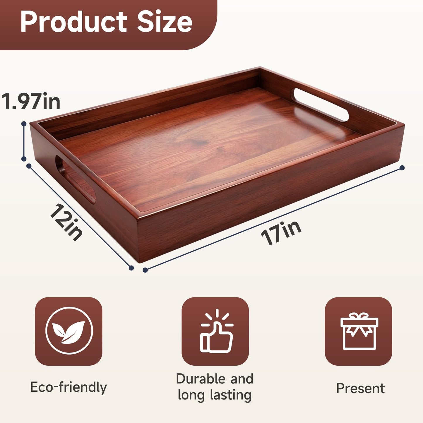 Acacia Wood Serving Tray with Handles, 17 x 12 Inch Large Wooden Tray for Food & Drinks, Coffee Table, Ottoman, Breakfast in Bed – Includes Free Leather Mat