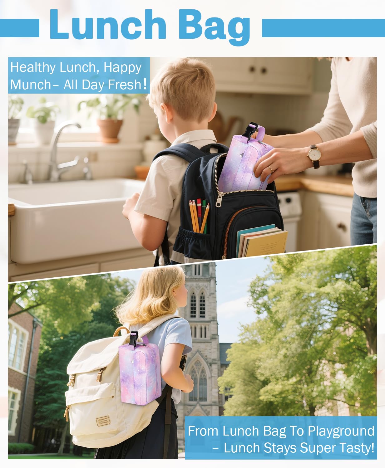 Neverwhy Small Insulated Snack Bag Lunch Box,Collapsible Reusable Small Lunch Bag with Snap Buckle Handle for Beach Travel Picnic,Pink Starry Sky 5-Can(3L)