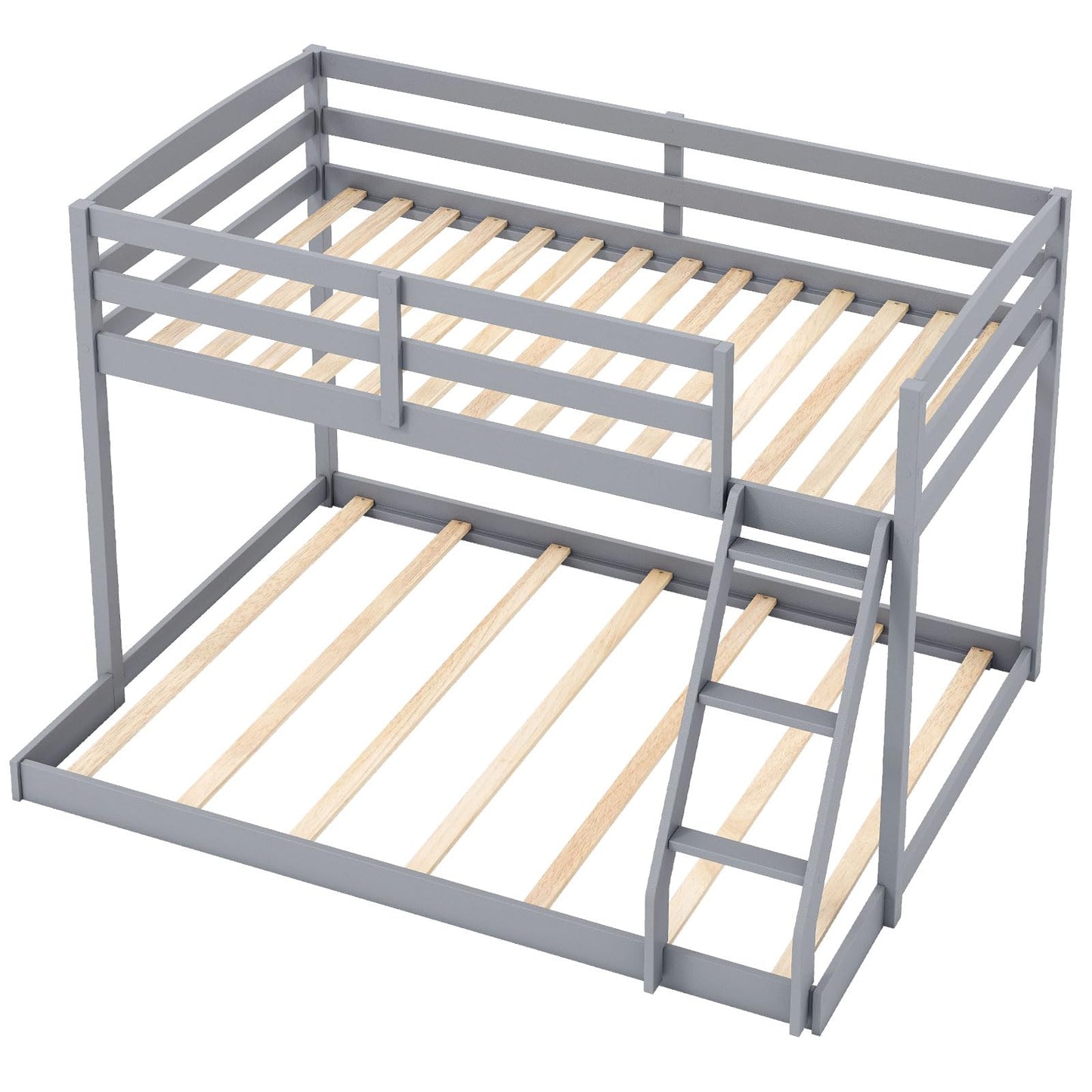 Giantex Twin Over Full Bunk Bed, Solid Wood Kids Bunk Bed with Full-Length Guardrails & Ladder, Low Bunk Beds with Slats Support for Kids, Teens, No Box Spring Needed, Grey