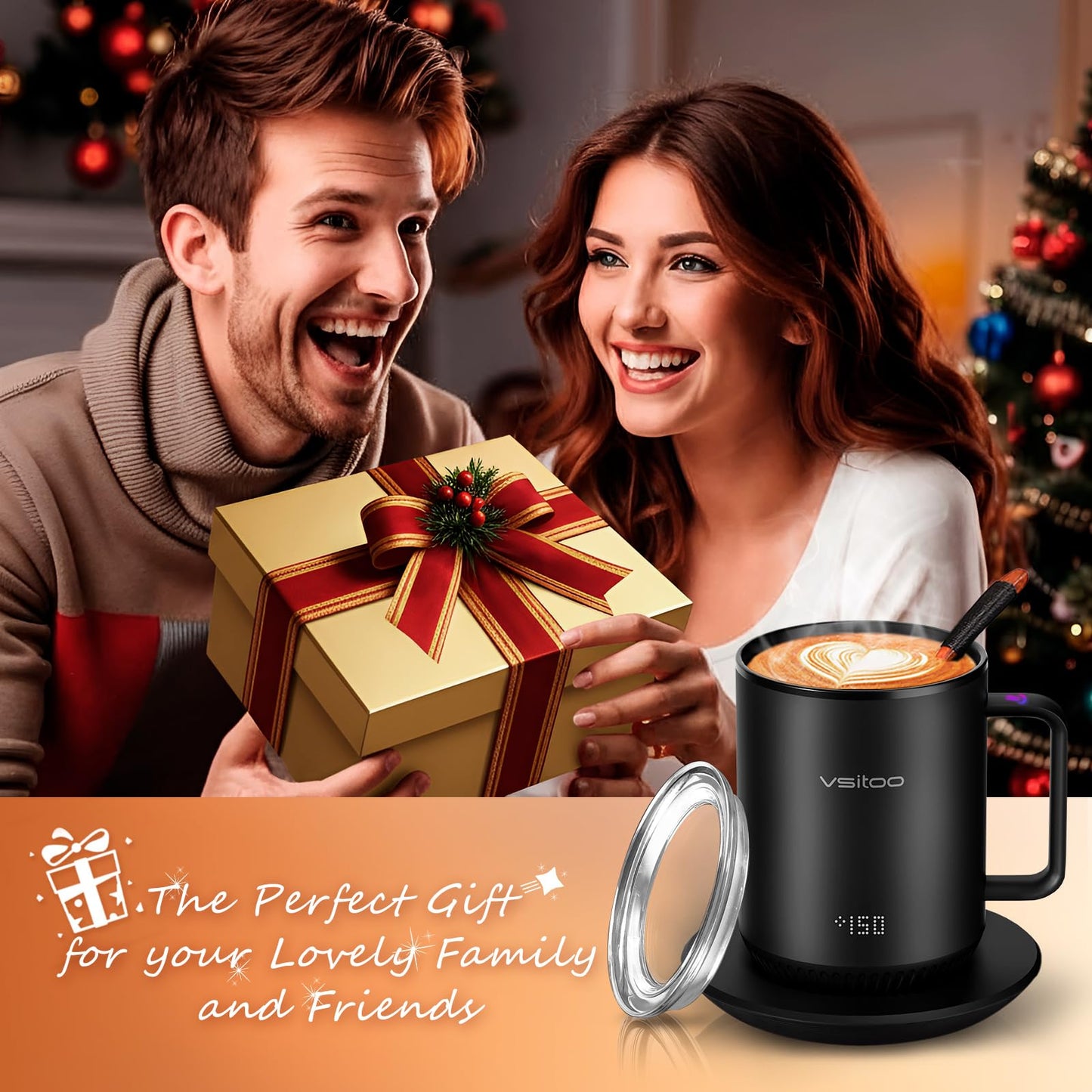Vsitoo S3 12oz Heated Mug - Temperature Control Smart Mug with Mug Warmer, Perfect for Espresso, Auto-Sensing AI Heats Drinks to 120-150°F Hands-Free.Ideal for Home/Office/Gifts,Black