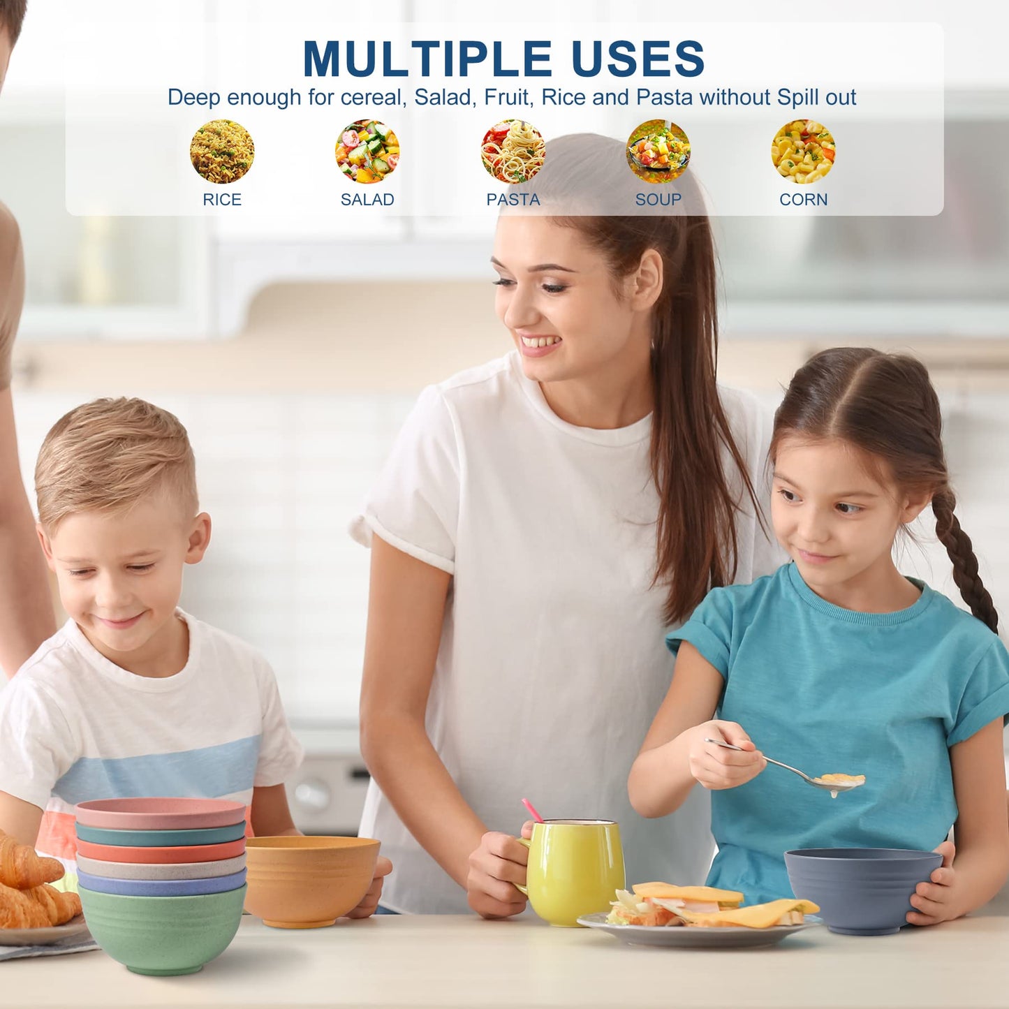 HOTEC BPA Free Unbreakable Wheat Straw Cereal Bowls - Microwave & Dishwasher Safe Soup and Salad Bowls, Set of 8, 26oz, Multicolor
