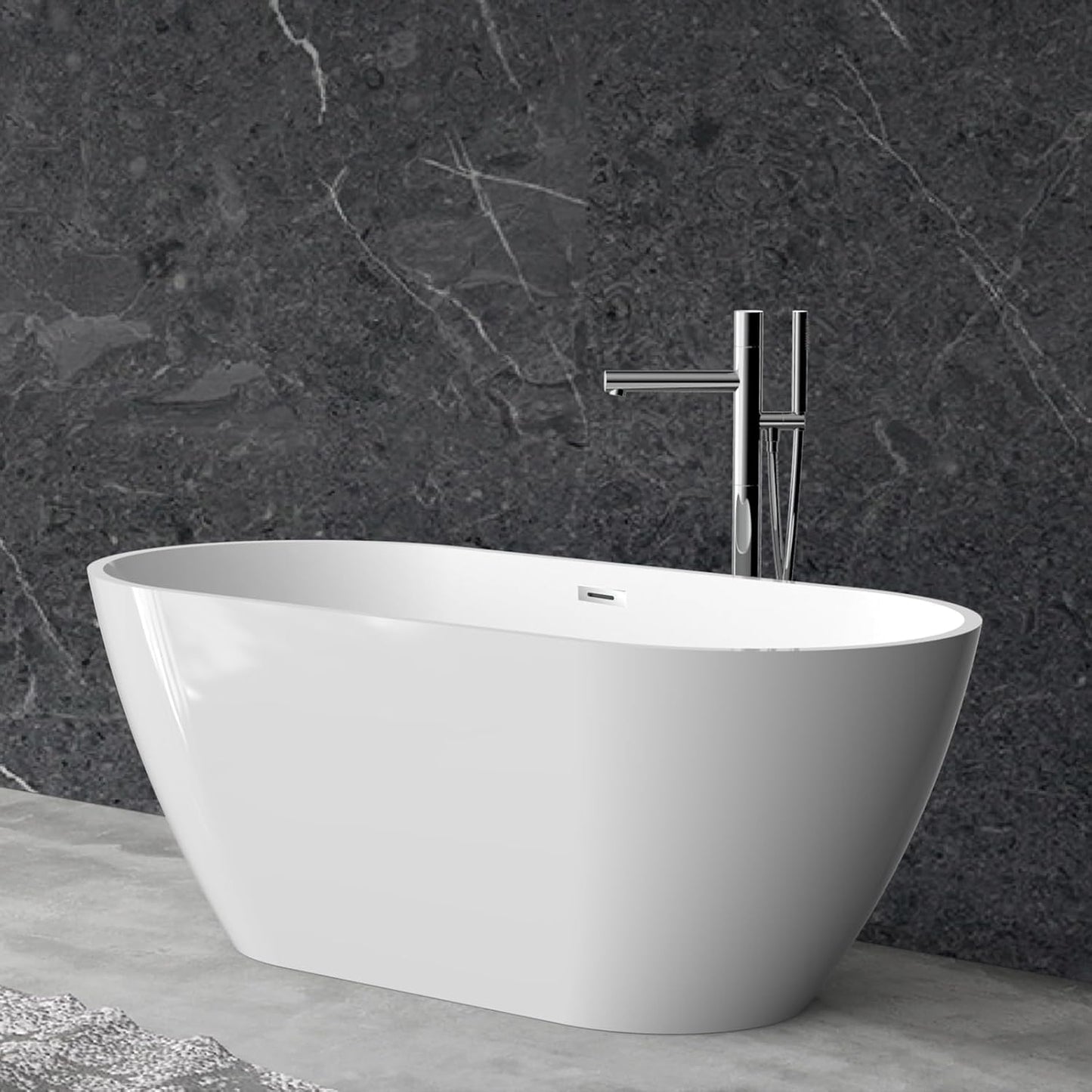 59'' Acrylic Free Standing Soaking Tub, Double-Walled Insulated Freestanding Bathtub with Ergonomic Deep Design, Glossy White, Matte Drain, Black Overflow, cUPC Certified Stand Alone Tub