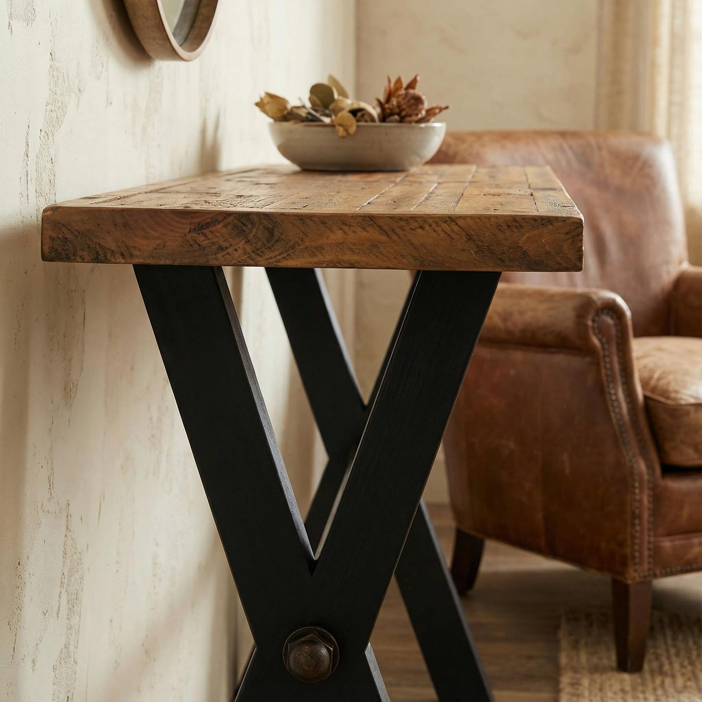 Cortesi Home Austin Console Table, Solid Reclaimed Wood with Black Wood Legs, Honey Pine