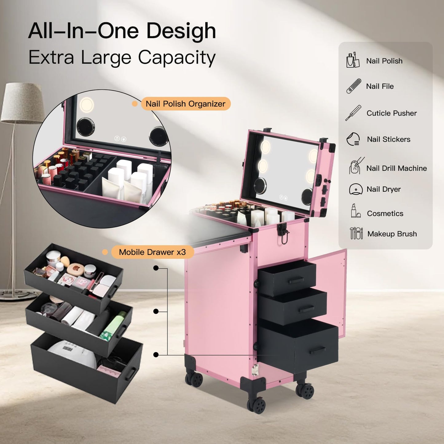 Rolling Portable Manicure Table with 3 Drawers, Lockable Makeup Train Case with Mirror, Foldable Nail Desk with Wheels & Handle, Mesa de Uñas Profesional para Nail Techs & Salon Use, Pink