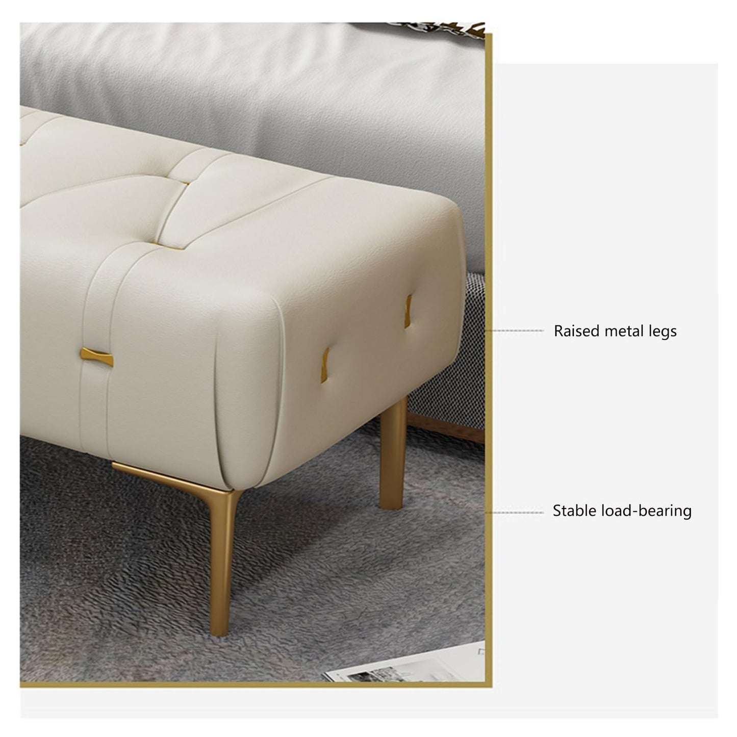 Bedroom End of Bed Bench Upholstered Tufted Bench with Upholstered Seat, Foot Stool with Sturdy Metal Legs, Leather Bench for Bedroom Living Room Entrance Ottoman Couch Bench (Color : Beige, Size :