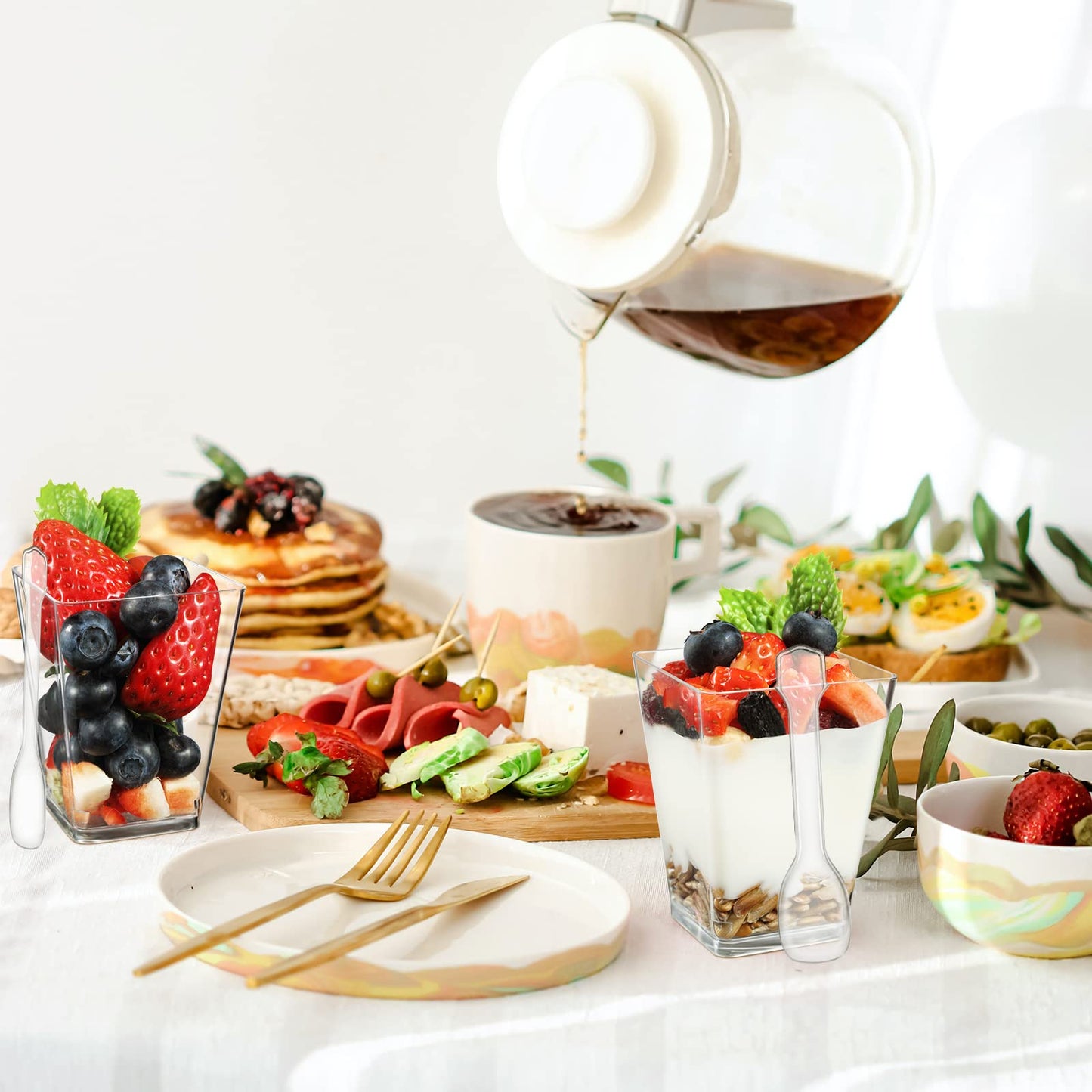 Eupako 100 Pack 5 oz Square Clear Plastic Dessert Cups with Spoons Small Clear Plastic Tumbler Cups Great for Desserts, Appetizers, Puddings, Mousse, Parfait