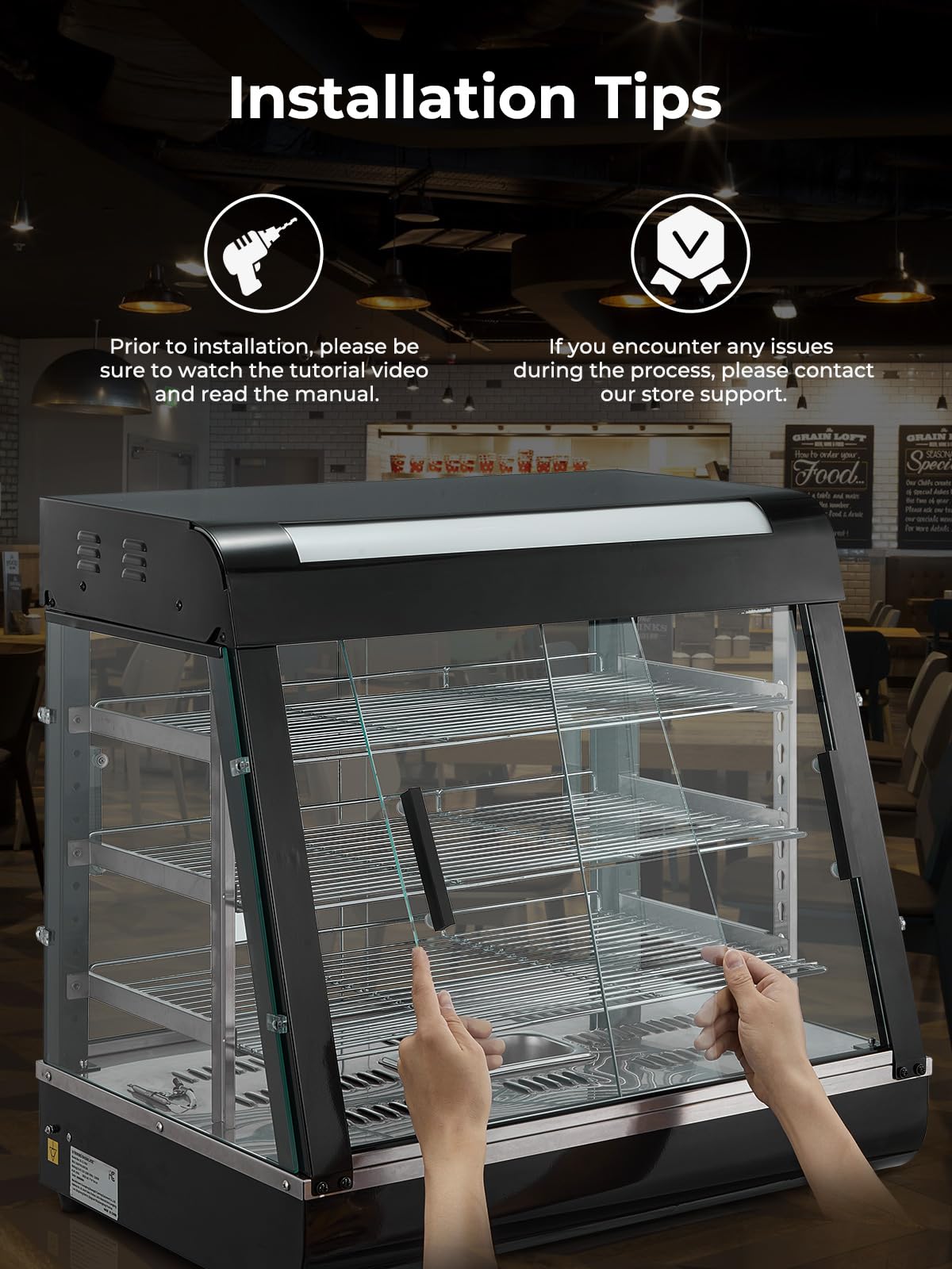 Commercial Food Warmer 26", 3-Tier Heated Display Case with Water Tray, 1200W Pizza Pastry Warmer, Adjustable Thermostat 86-185°F, LED Lighting, Removable Shelves for Buffet, Bakery, Catering