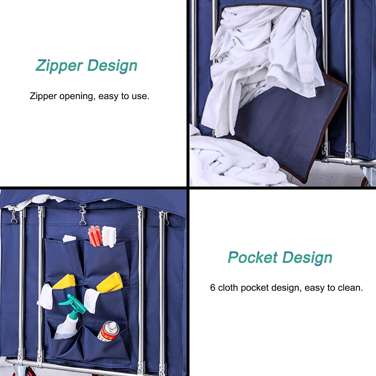 WANGKENSU Commercial Heavy Duty Large Laundry Hamper Sorter Cart with 6 Cloth Bag & 5 Inch Wheels, Stainless Steel & Oxford Cloth, Max Load 150kg (Blue) (Brown)