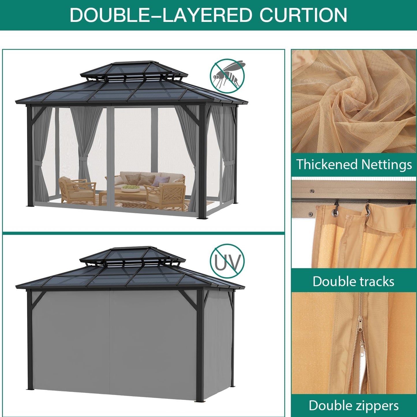 Hardtop Gazebo 10'x12' Double-Layer Polycarbonate Double Roof, Aluminum Frame Pavilion with Privacy Curtains and Netting All-Season for Patio, Garden, Hot Tub & Backyard