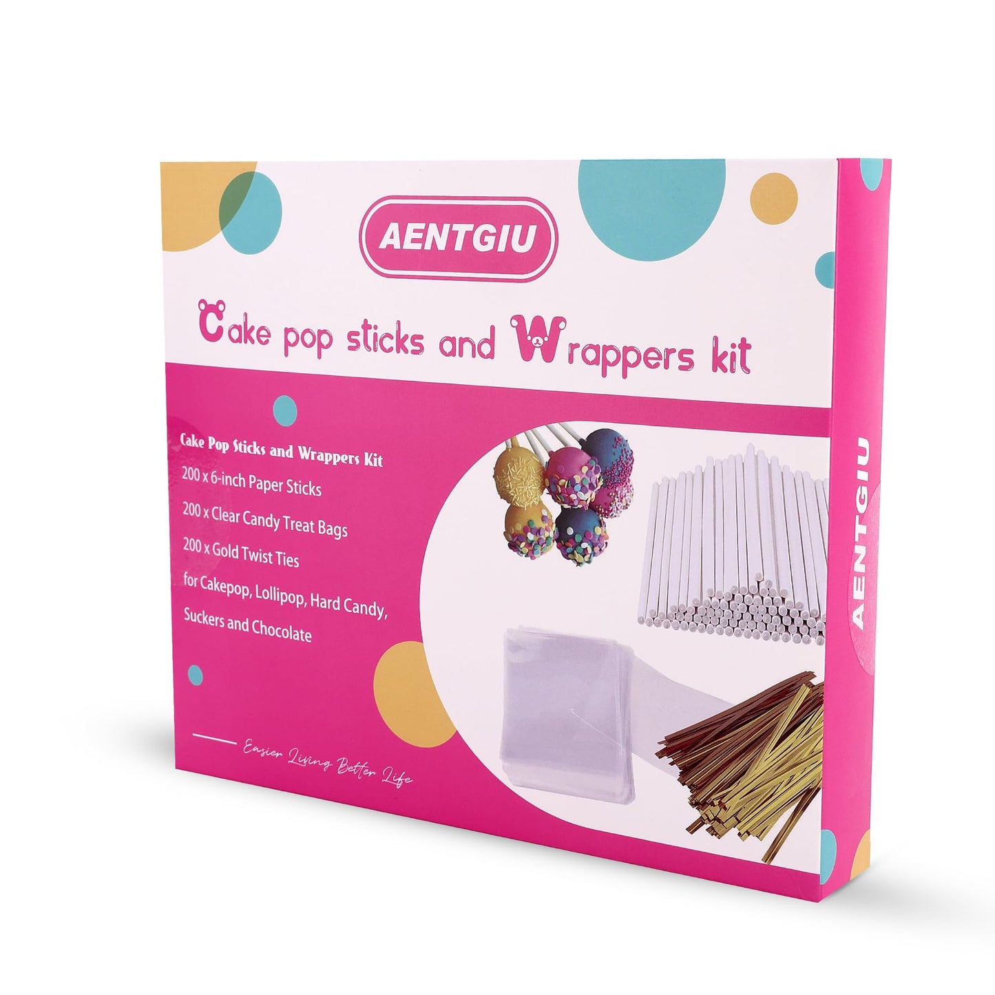 600PCS Cake Pop Sticks and Wrappers for Valentine's Day, Including 200pcs 6-inch Paper Lollipop Sticks, 200pcs Parcel Bags, 200pcs Gold Twist Ties for Lollipop, Candy, Chocolate, Marshmallows