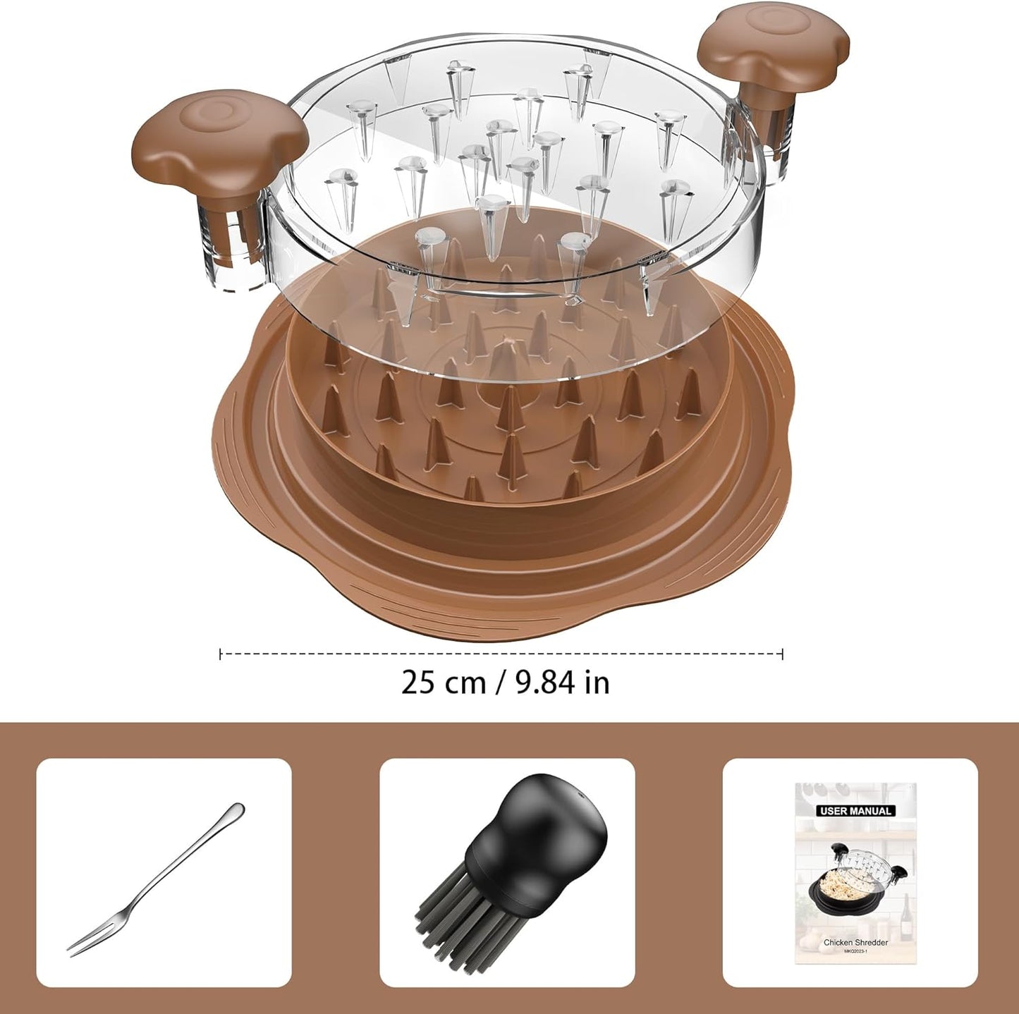Skiennix Chicken Shredder - Ergonomic Meat Shredder Tool with Brush & Fork | BPA-Free, Brown