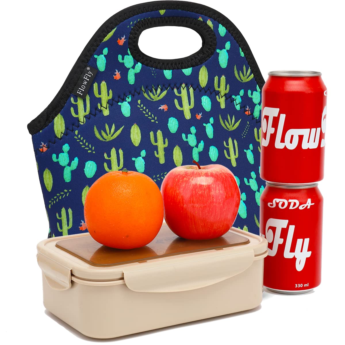 FlowFly Neoprene Lunch Tote Insulated Thermal Reusable Lunch Bag Box for Boys Men with Zipper (Cactus)