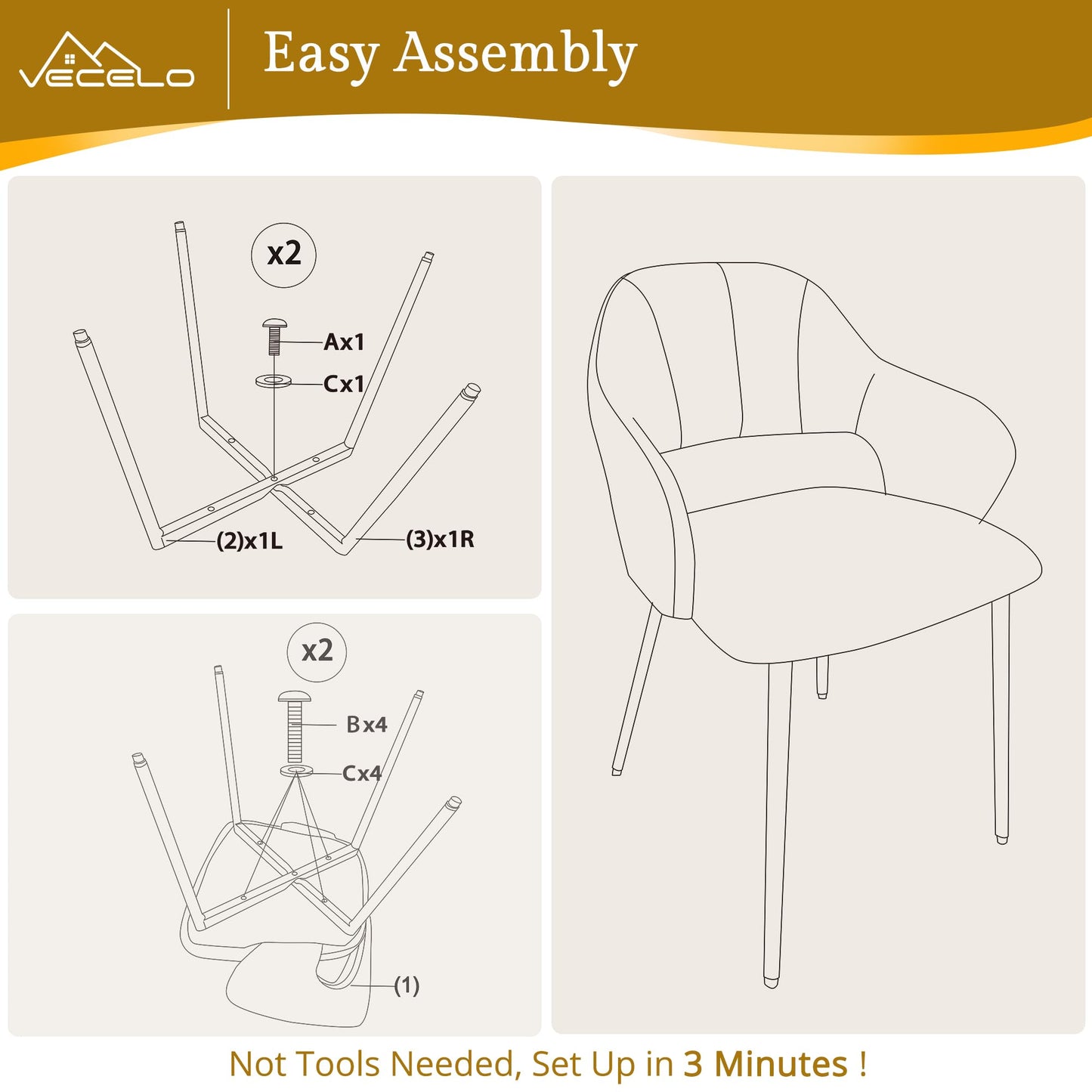VECELO Velvet Dining Chairs Set of 4, Modern Upholstered Kitchen Chairs with Cushion, Padded Backrest and Metal Legs, White