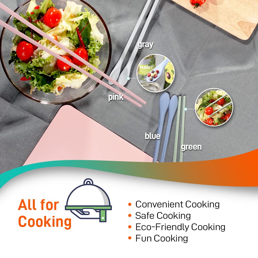 RECOHOME Reusable Long Silicone Cooking Chopsticks with Spoon - 12 Inches 3 Color Set, Eco-Friendly, Heat-Resistant, Non-Scratch, Korean, Japanese Asian Kitchen cookware. (Pink, Green, Grey, 3 Pair)