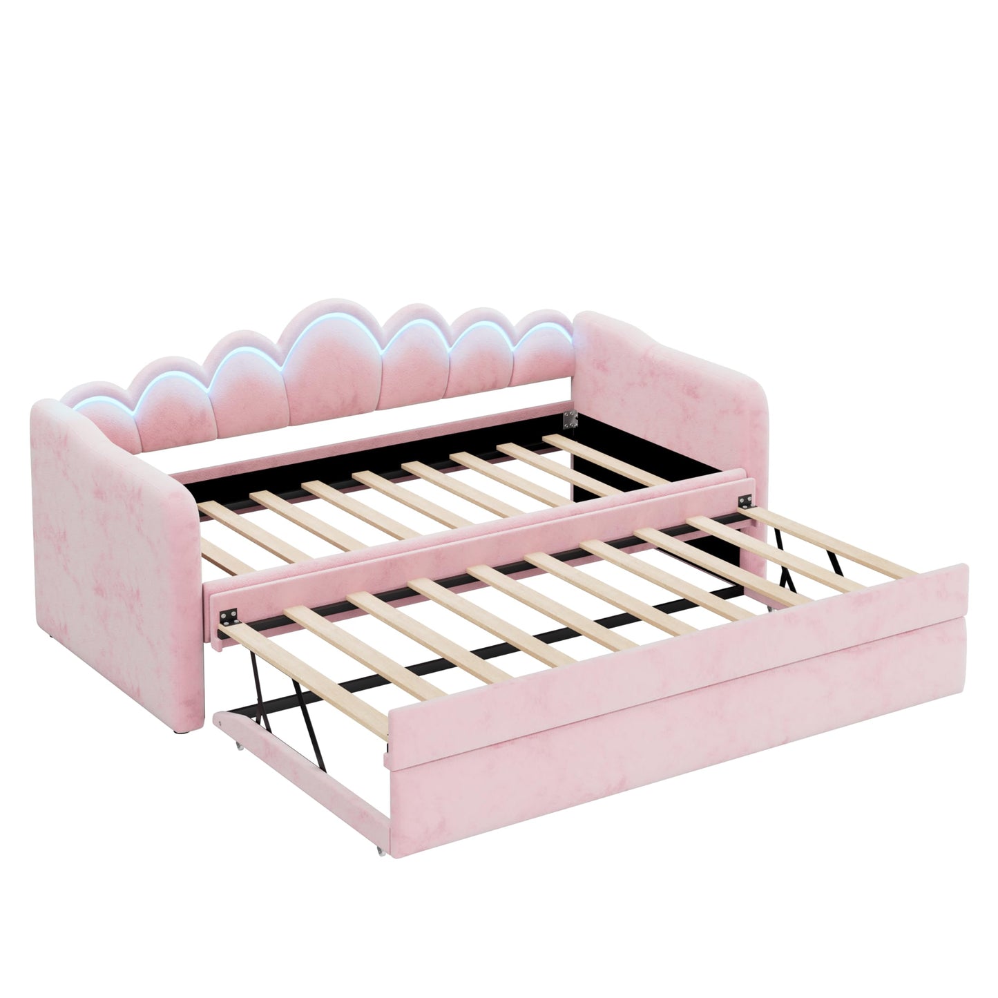 Merax Twin XL Size Upholstered Daybed with Trundle & Adjustable LED Lights, Velvet Trundle Bed, Trundle can be Flat or Erected, Sofa Day Bed for Bedroom Guest Room, No Box Spring Needed, Pink
