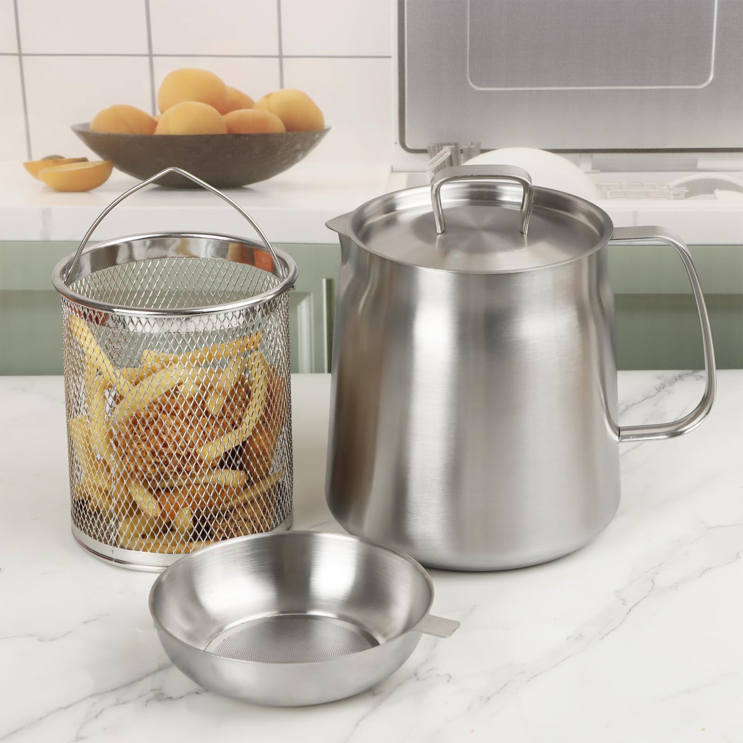 68oz 304 Stainless Steel Oil Filter Pot, Heavy Duty Bacon Grease Container & Deep Fryer Basket, Large Capacity Multi-function Oil Filter Vessel with Strainer for Kitchen Storing Frying Cooking Grease