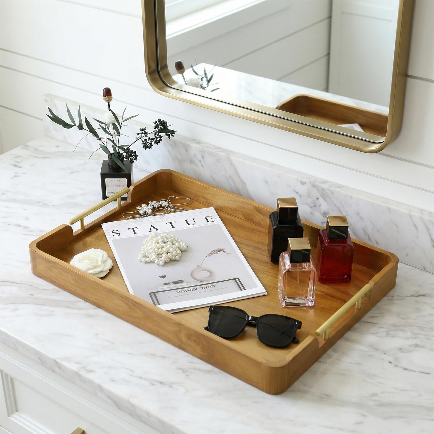 Fopeat Solid Teak Wood Serving Tray with Handles, 17"x13"x2" Rectangular Ottoman Tray for Living Room Kitchen Party, Rustic Decorative Tray for Home Coffee Table Breakfast Dinner Bar