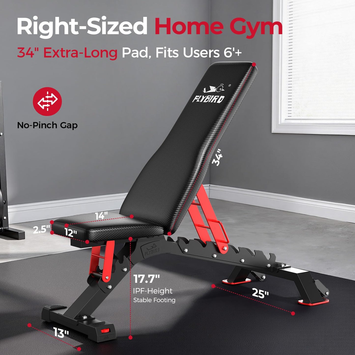 FLYBIRD WB7 Weight Bench, Commercial Grade Adjustable Weight Bench - 1300LBS Workout Bench for Home Gym, Flat Incline Bench Press Heavy Duty Bench with 34'' Extra-Long Backrest and Easy-Roll Wheels